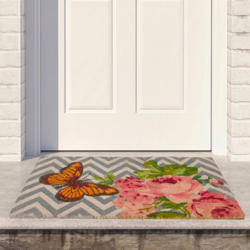 Coir Rose with a Butterfly Chevron Spring Door Mat 18" x 30"