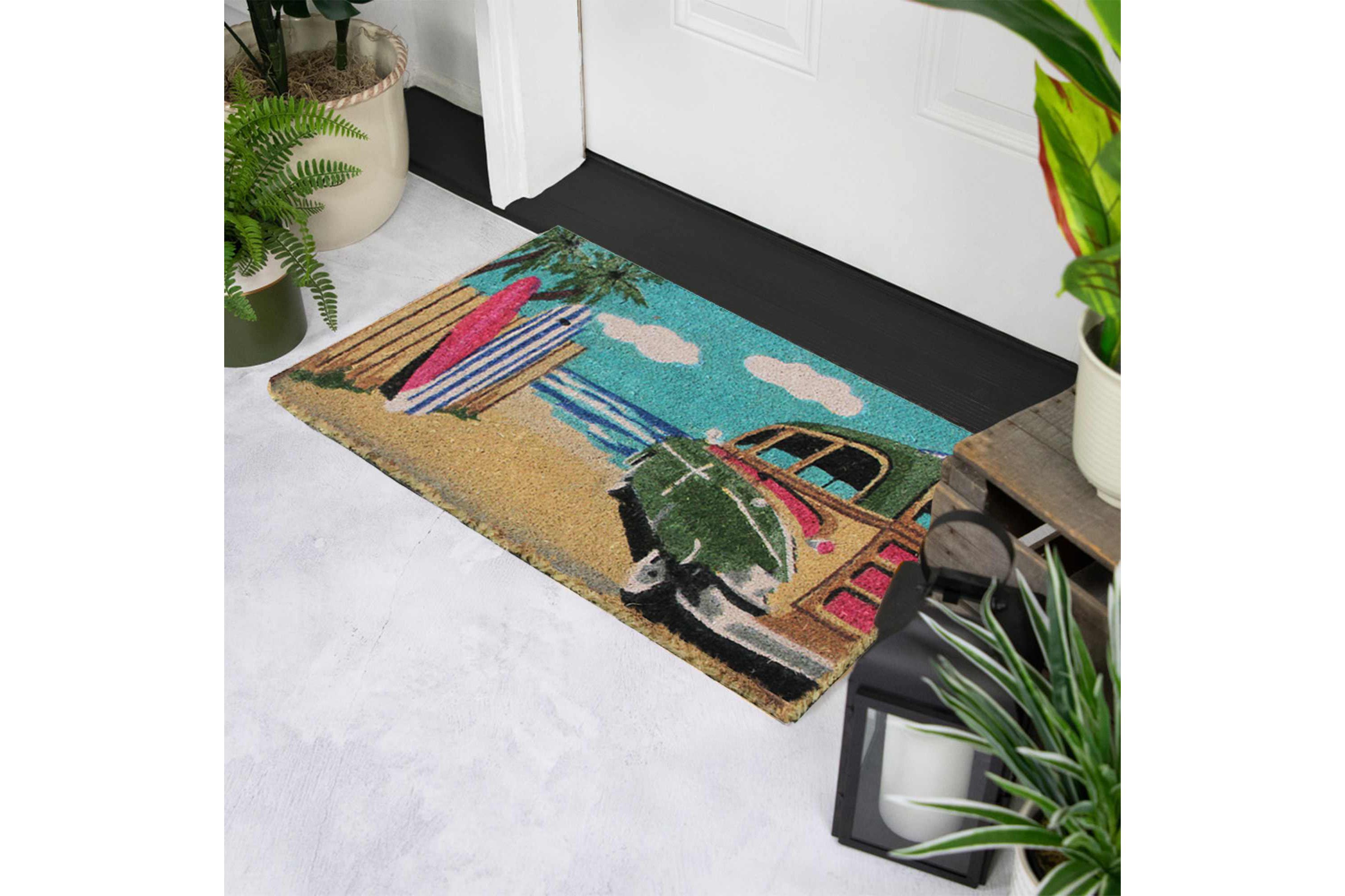 Retro Car on Beach Rectangular Coir Door Mat 18" x 30"