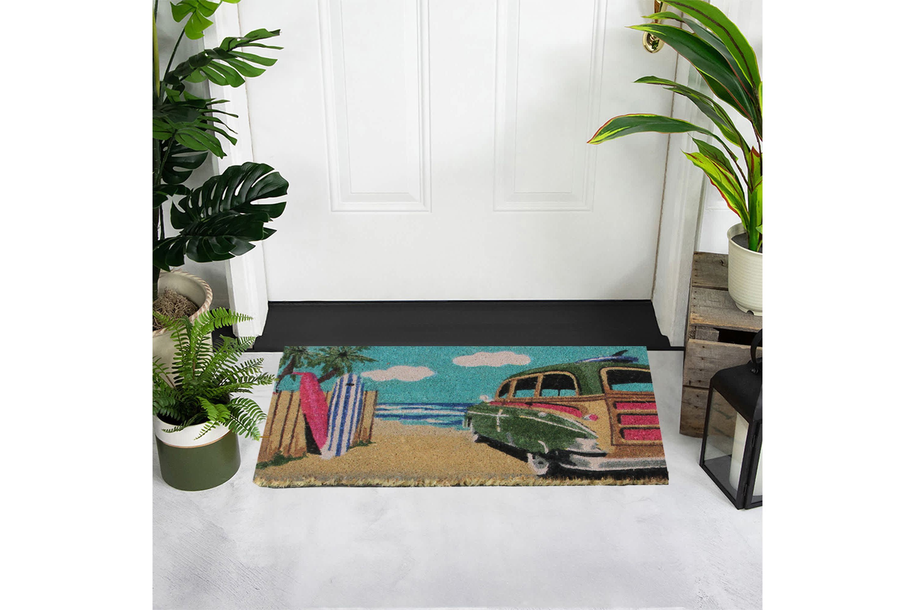 Retro Car on Beach Rectangular Coir Door Mat 18" x 30"