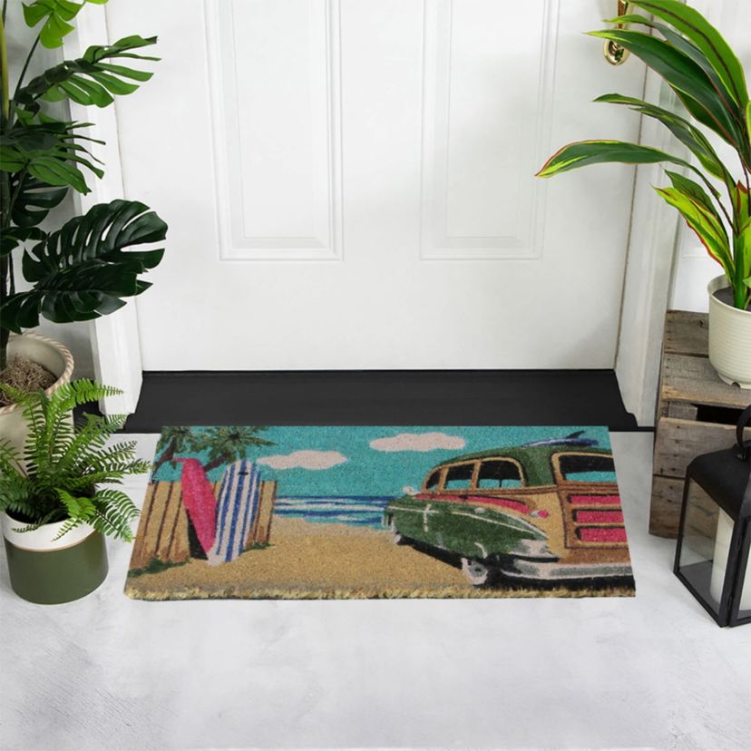 Retro Car on Beach Rectangular Coir Door Mat 18" x 30"