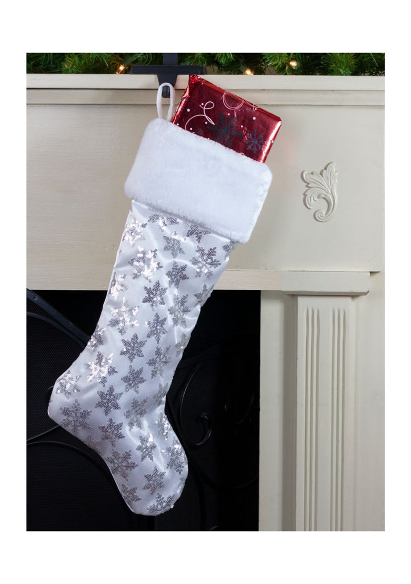 19 White and Silver Sequin Snowflake Christmas Stocking