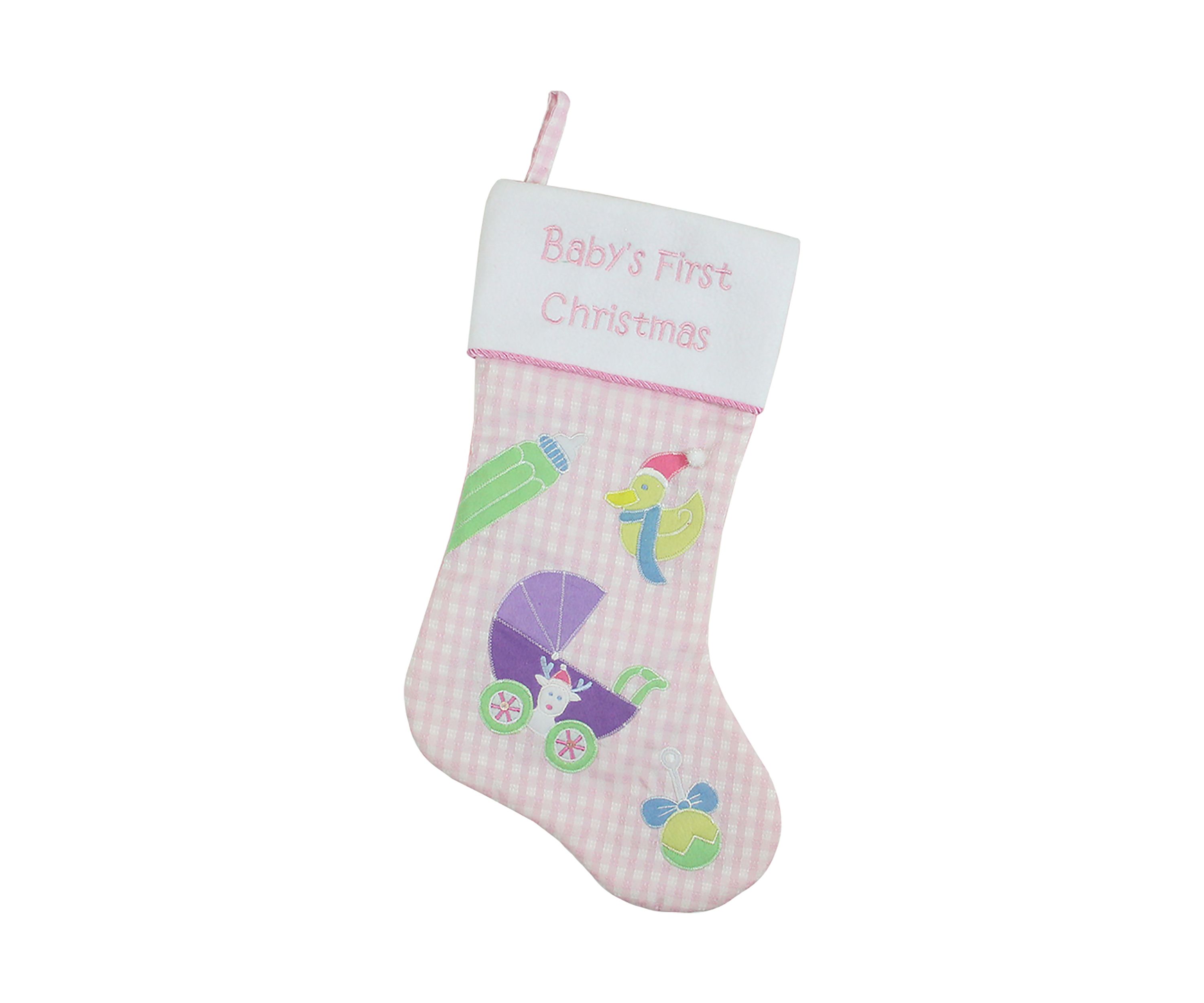 18.5Inch Pink and White InchBabys First ChristmasInch Embroidered Stocking