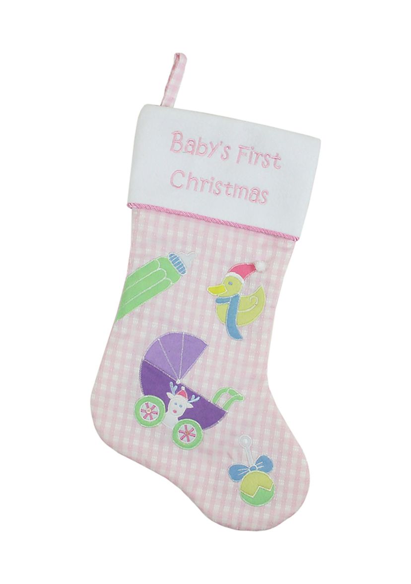 18.5Inch Pink and White InchBabys First ChristmasInch Embroidered Stocking