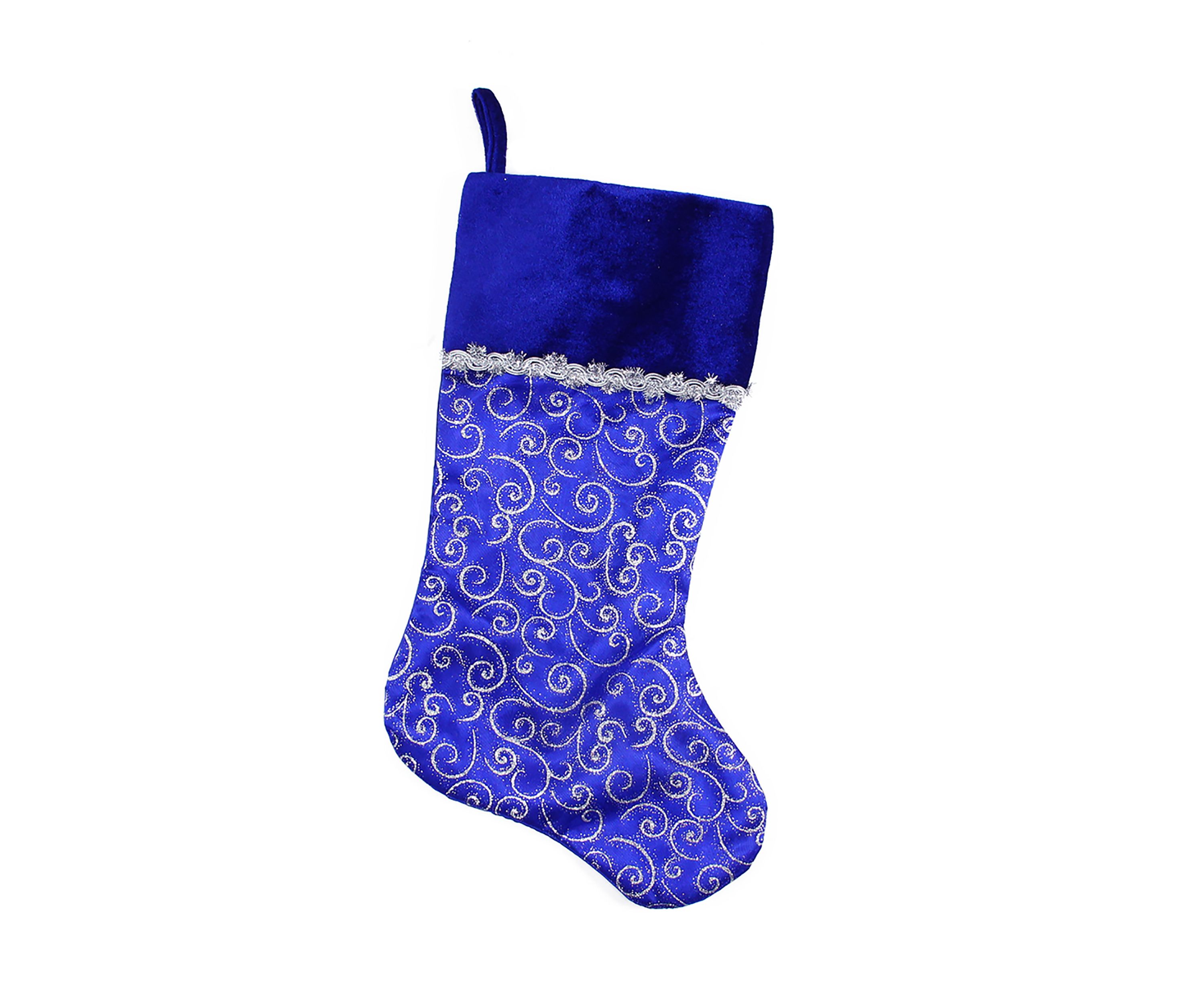 20.5Inch Royal Blue and Silver Swirl Christmas Stocking with Velveteen Cuff