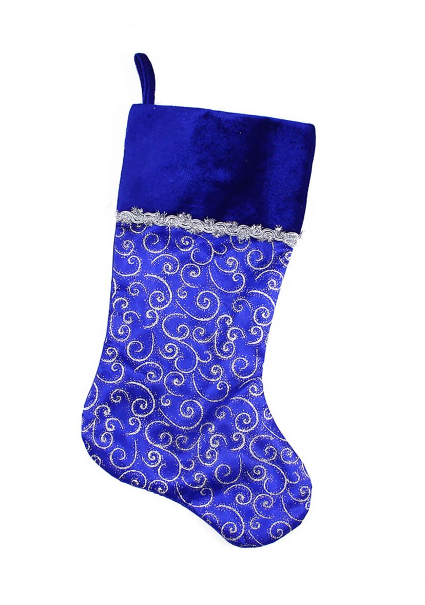 20.5Inch Royal Blue and Silver Swirl Christmas Stocking with Velveteen Cuff