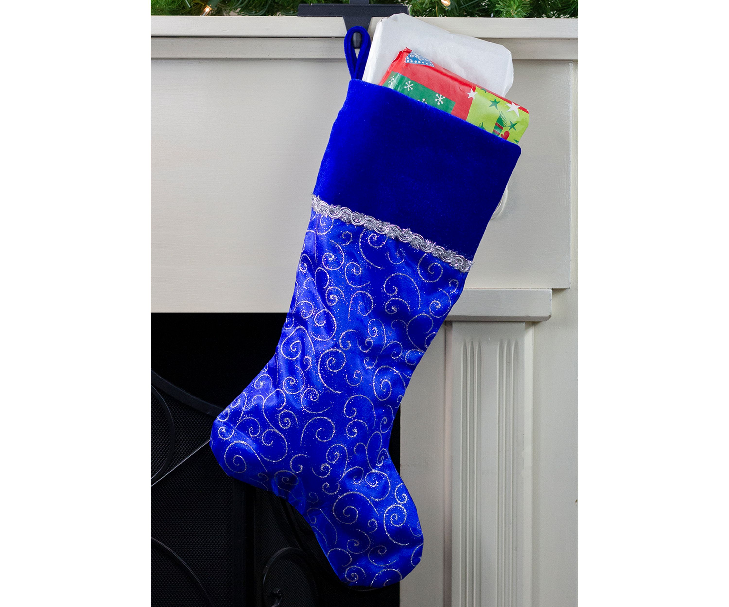 20.5Inch Royal Blue and Silver Swirl Christmas Stocking with Velveteen Cuff