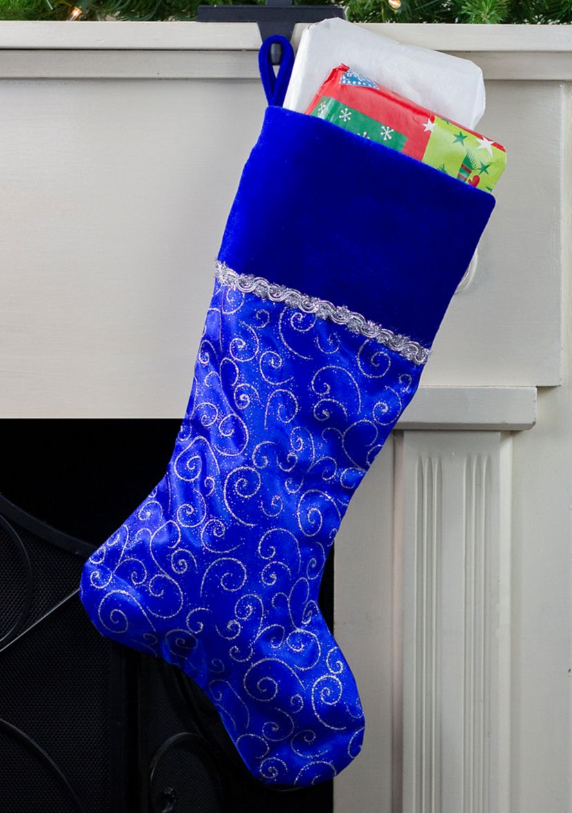 20.5Inch Royal Blue and Silver Swirl Christmas Stocking with Velveteen Cuff