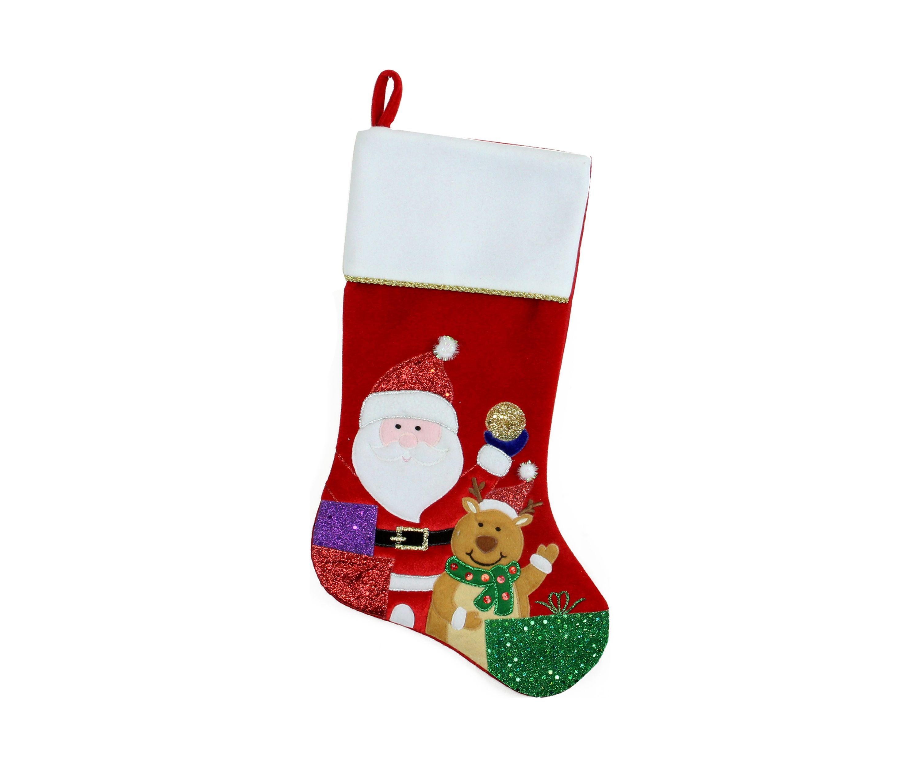 20.5Inch Red and White Glittered Santa Claus and Reindeer Christmas Stocking