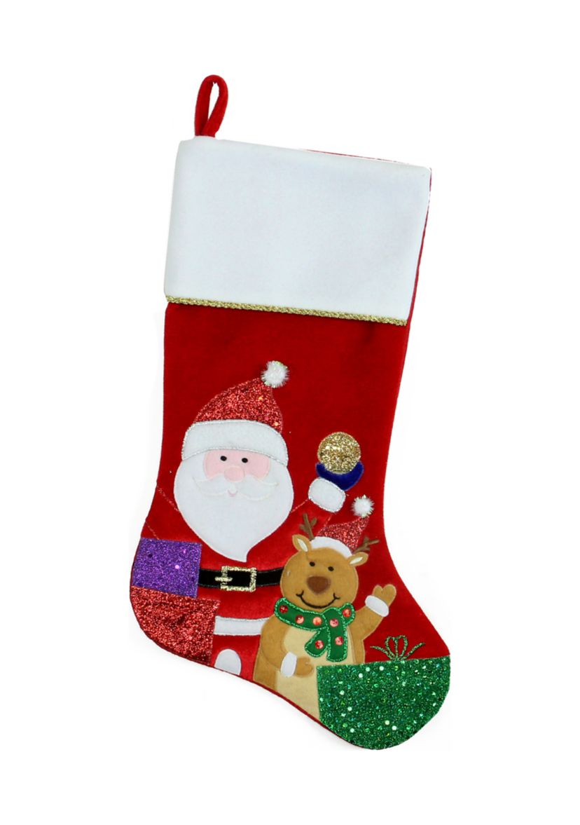 20.5Inch Red and White Glittered Santa Claus and Reindeer Christmas Stocking