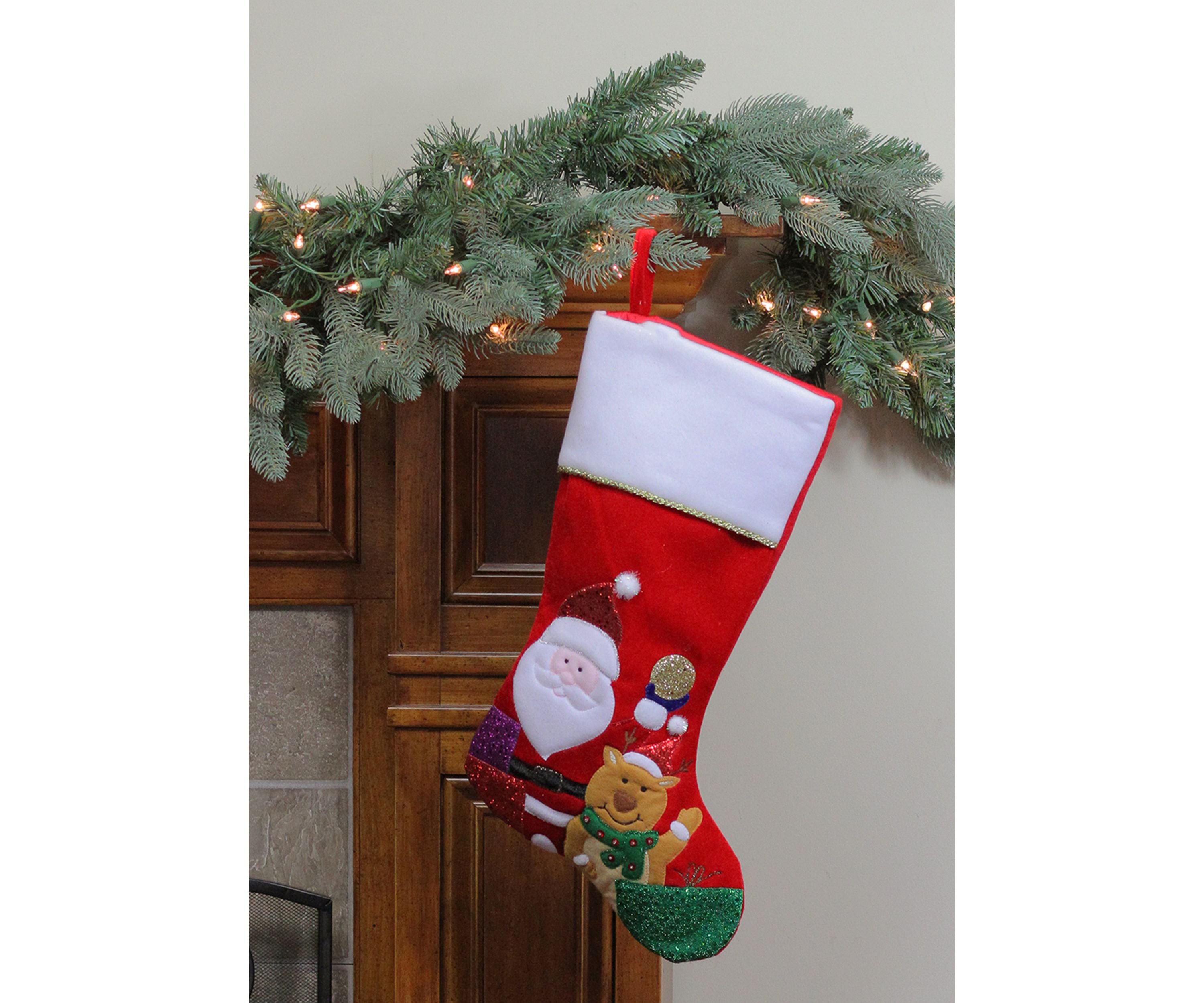 20.5Inch Red and White Glittered Santa Claus and Reindeer Christmas Stocking