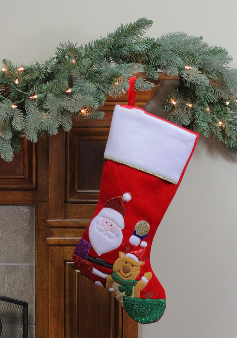 20.5Inch Red and White Glittered Santa Claus and Reindeer Christmas Stocking
