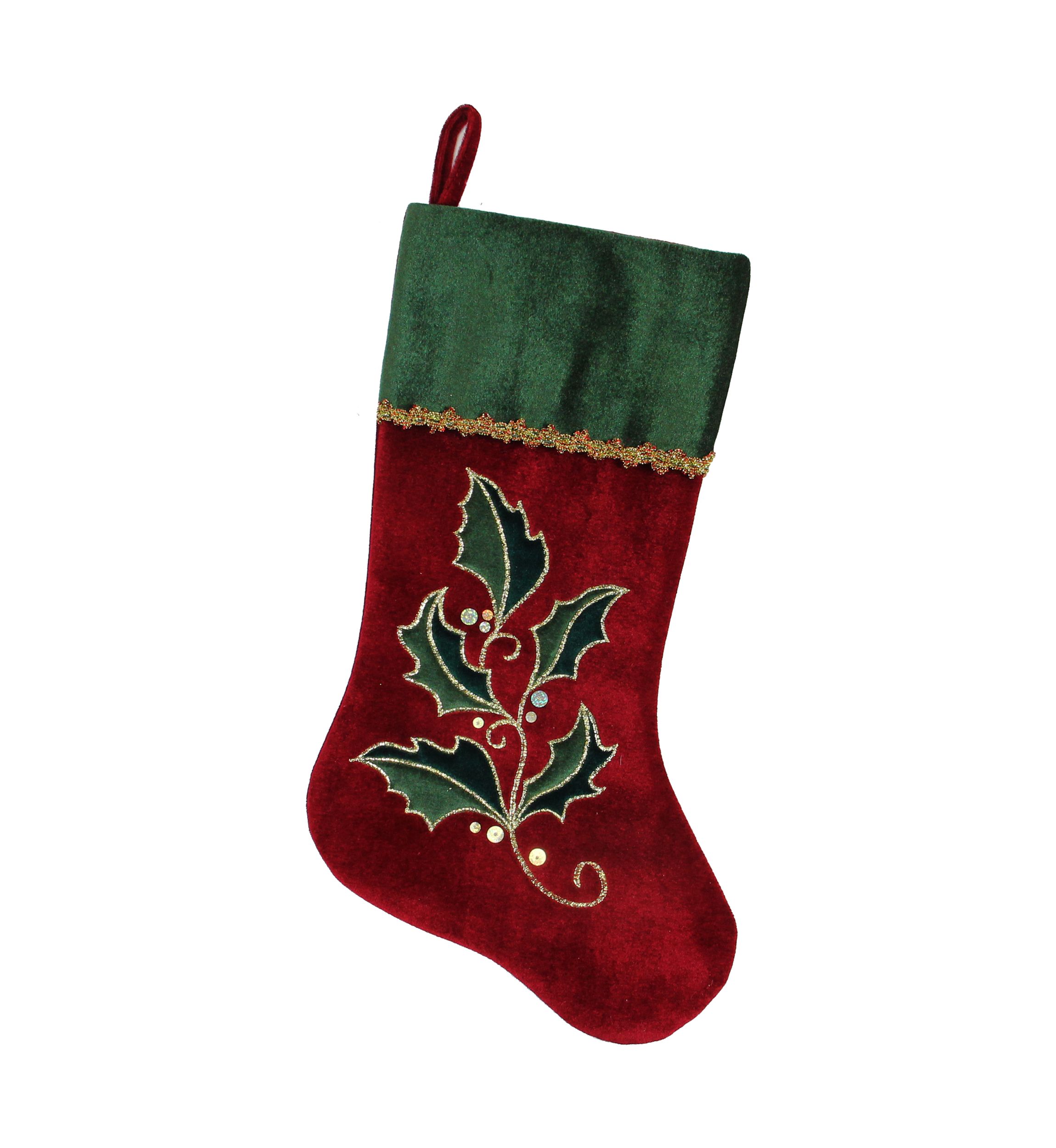 21Inch Red and Green Holly Embroidered Velvet Christmas Stocking