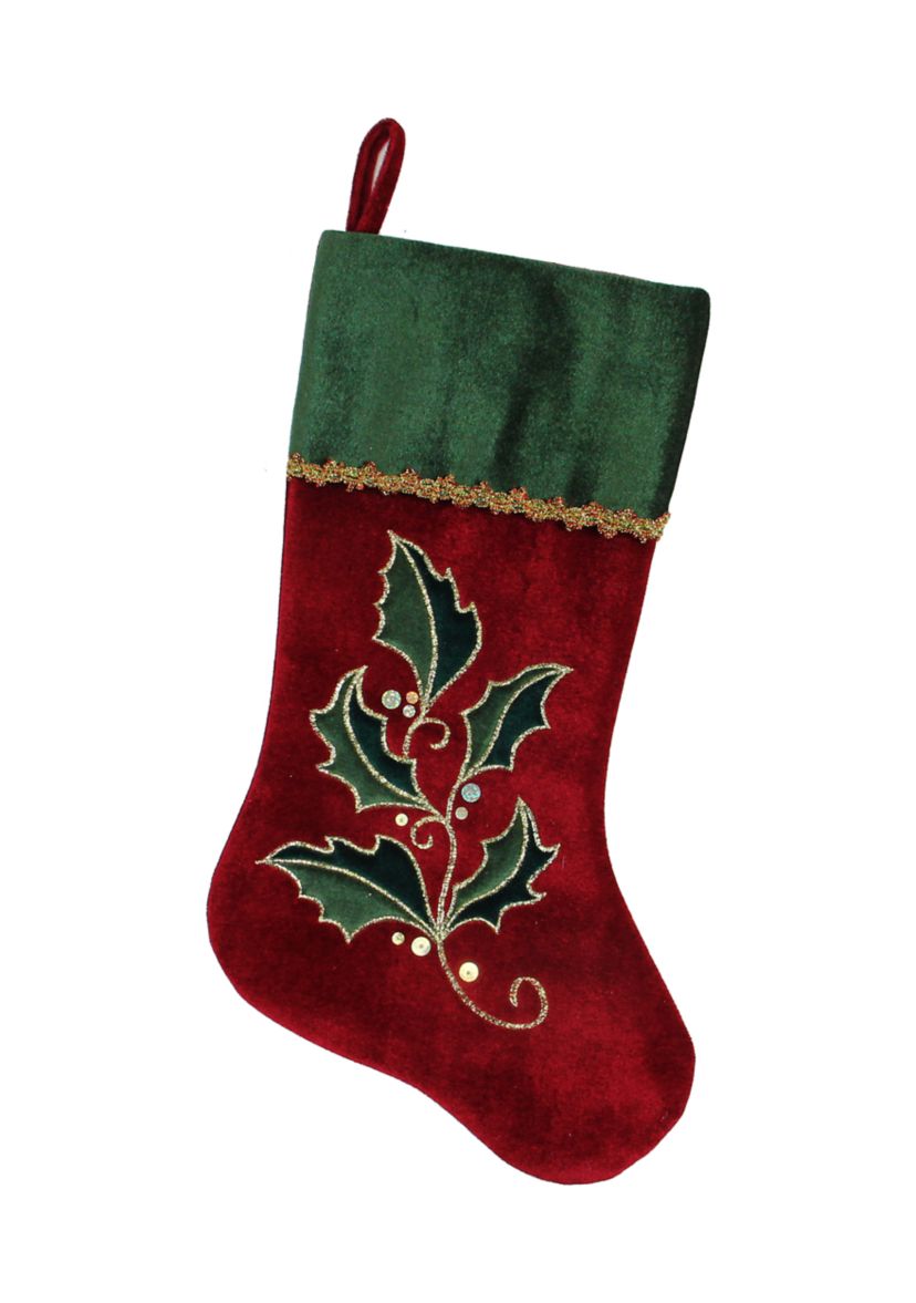 21Inch Red and Green Holly Embroidered Velvet Christmas Stocking