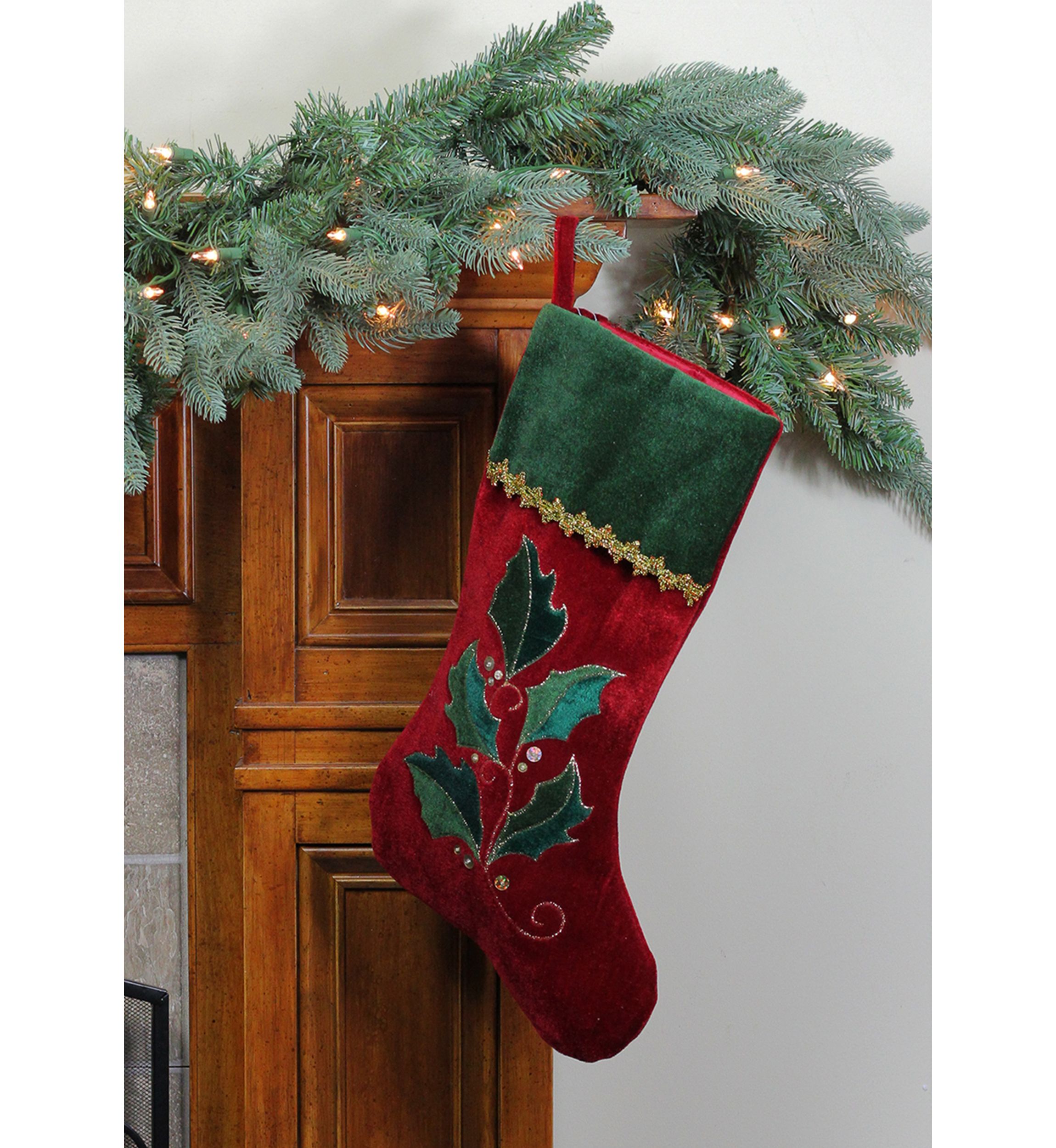 21Inch Red and Green Holly Embroidered Velvet Christmas Stocking