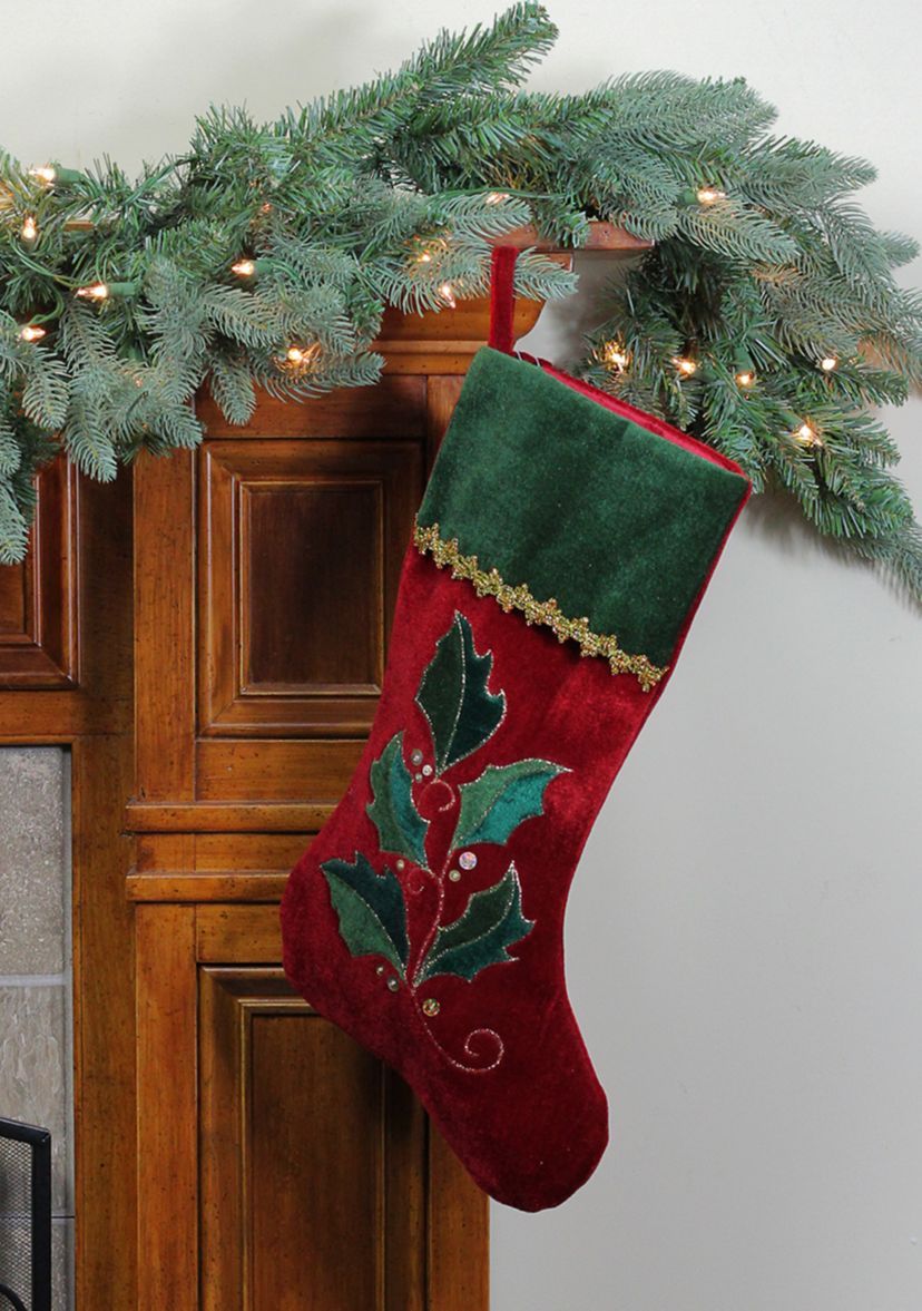 21Inch Red and Green Holly Embroidered Velvet Christmas Stocking