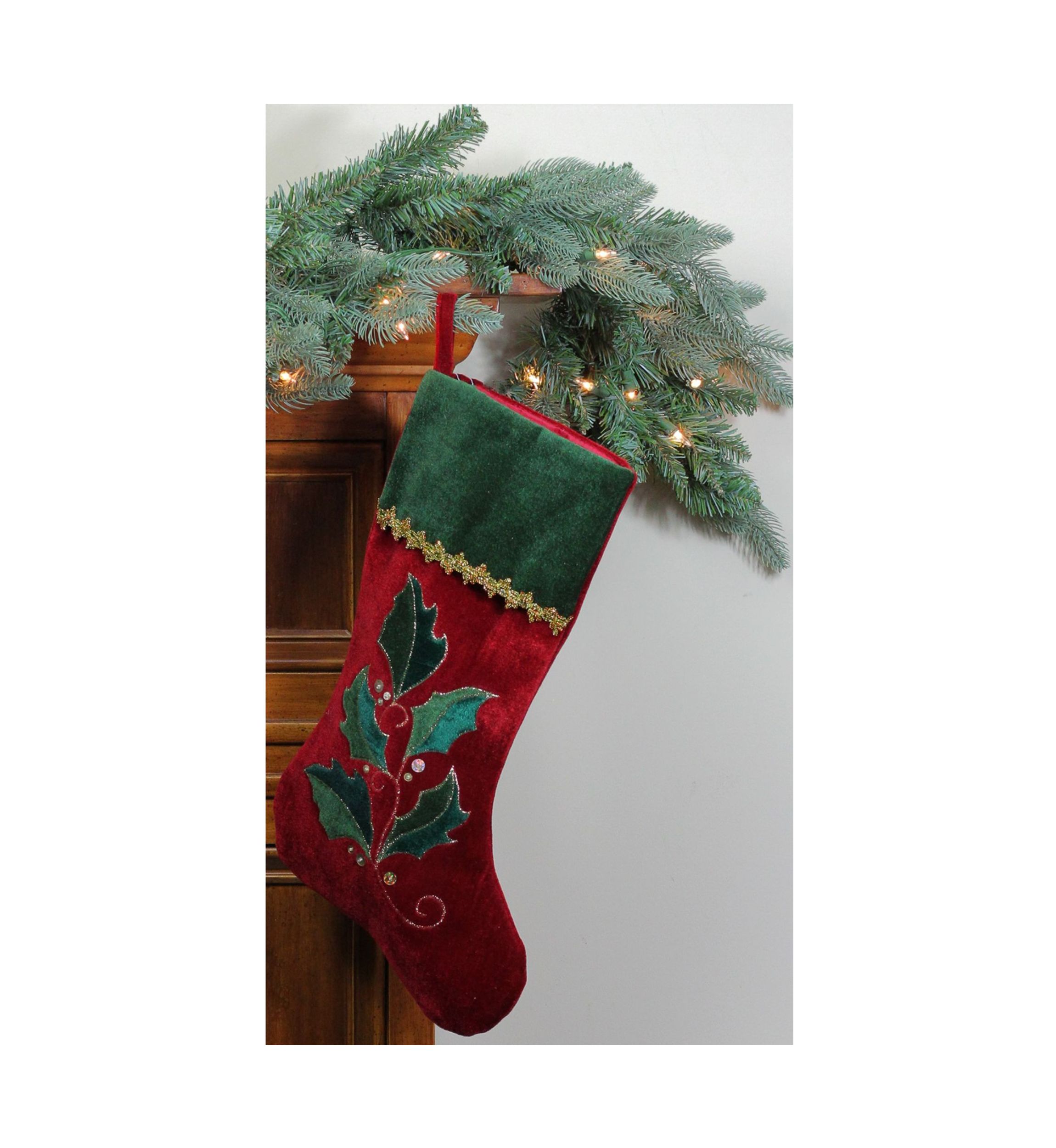 21Inch Red and Green Holly Embroidered Velvet Christmas Stocking