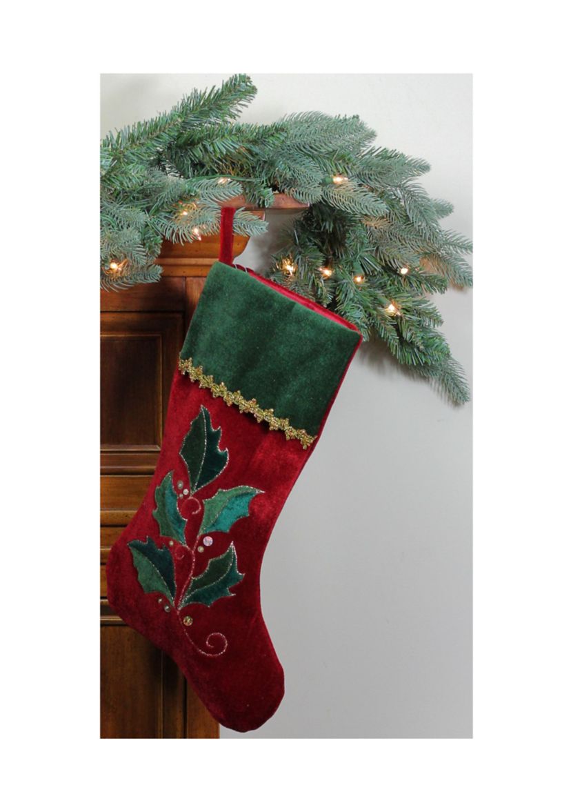 21Inch Red and Green Holly Embroidered Velvet Christmas Stocking