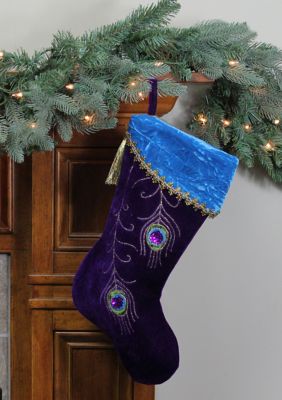 19Inch Purple Velvet Regal Peacock Embroidered Feather Christmas Stocking with Gold Tassel