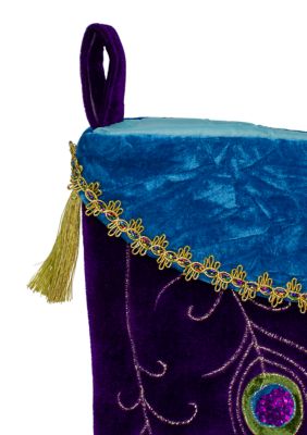 19Inch Purple Velvet Regal Peacock Embroidered Feather Christmas Stocking with Gold Tassel