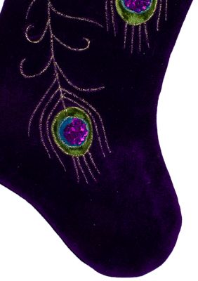 19Inch Purple Velvet Regal Peacock Embroidered Feather Christmas Stocking with Gold Tassel