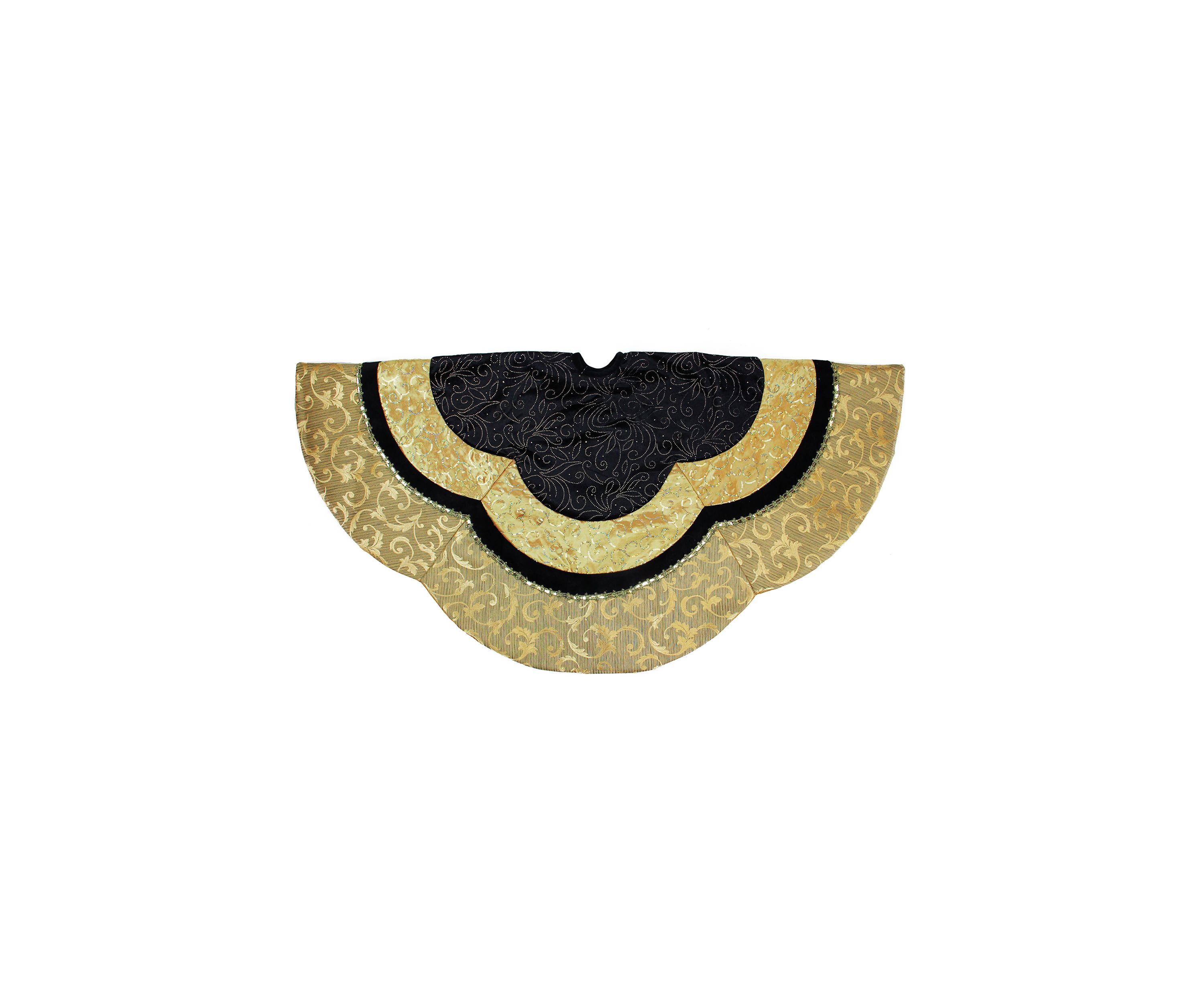 48Inch Black and Gold Velveteen Floral Scallop Christmas Tree Skirt