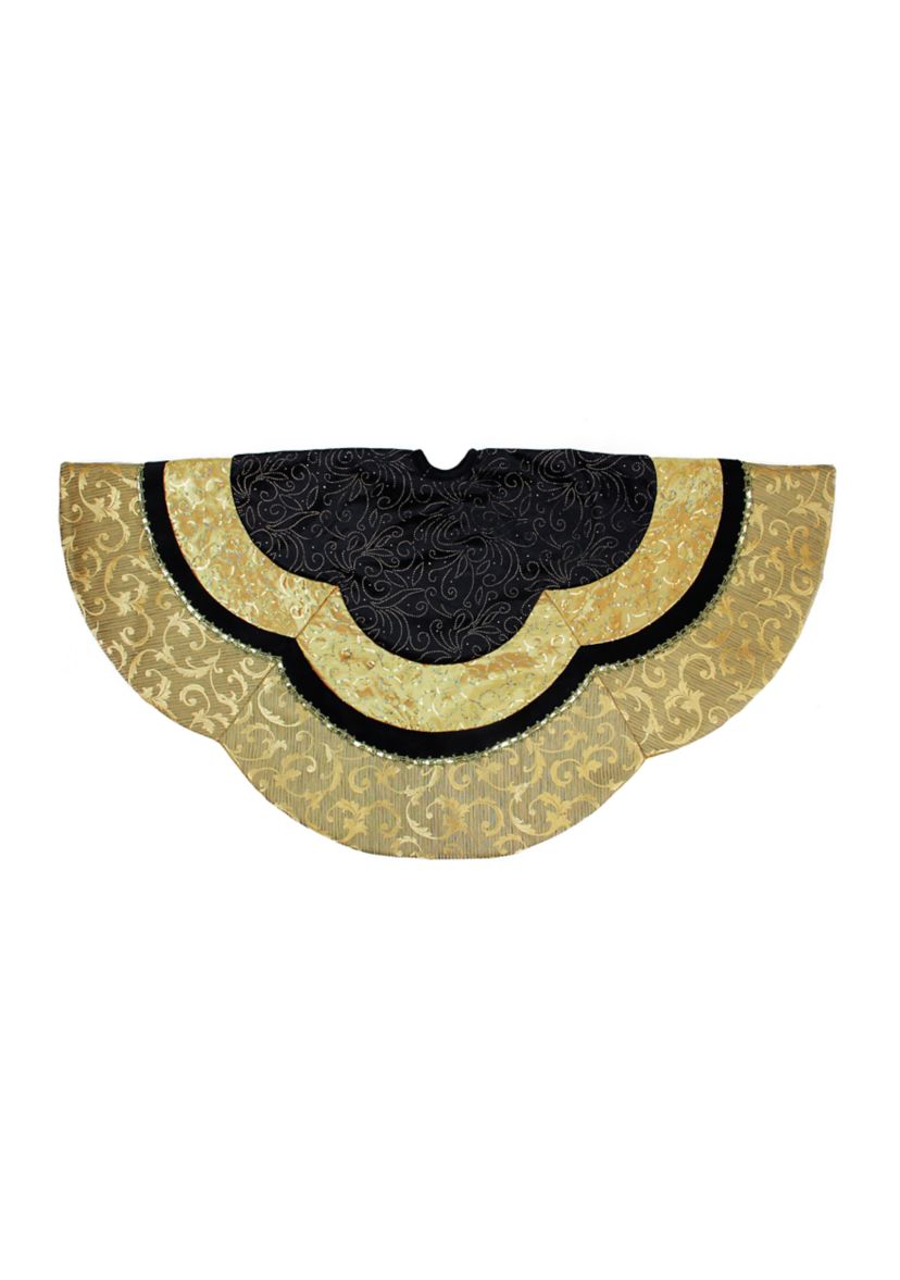48Inch Black and Gold Velveteen Floral Scallop Christmas Tree Skirt