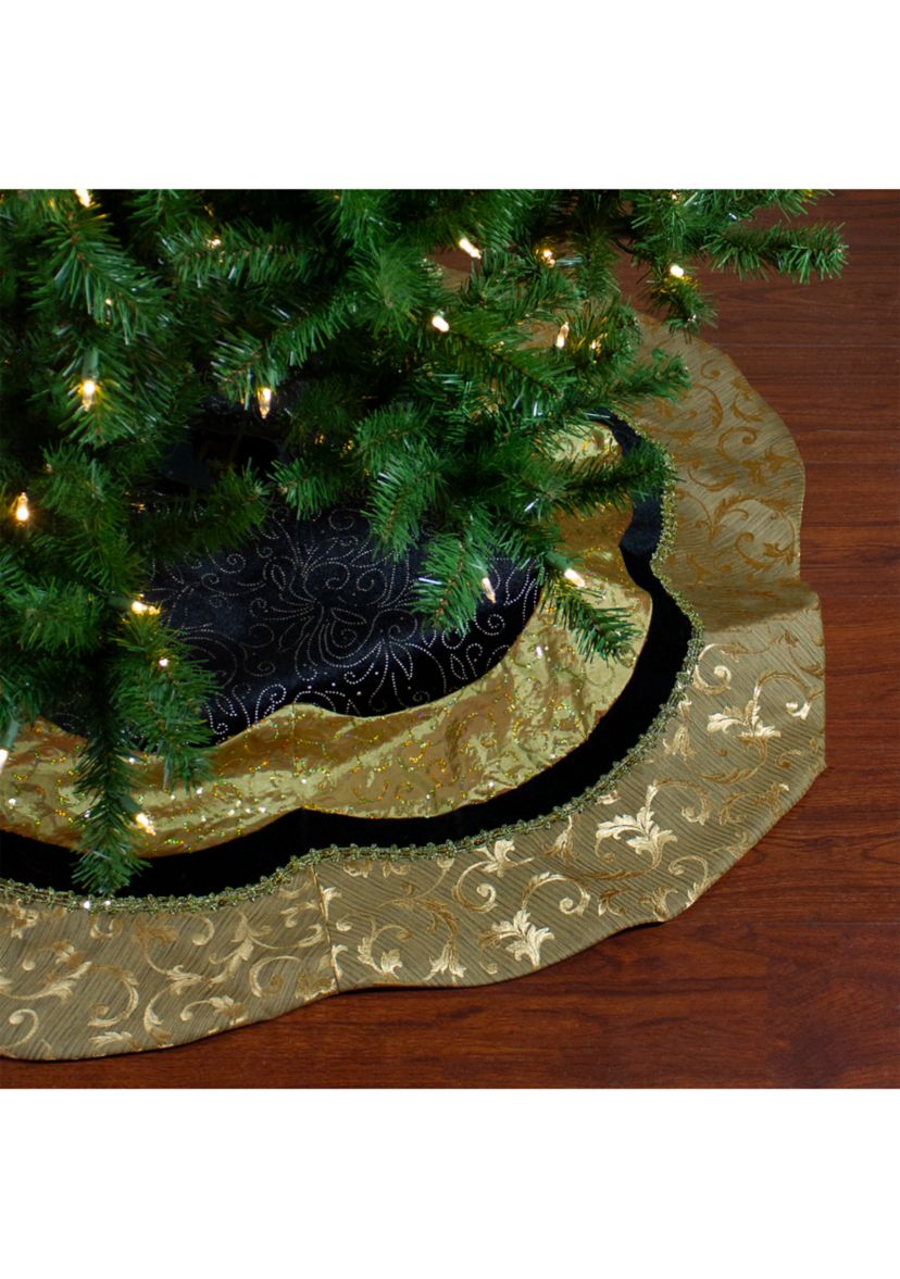 48Inch Black and Gold Velveteen Floral Scallop Christmas Tree Skirt