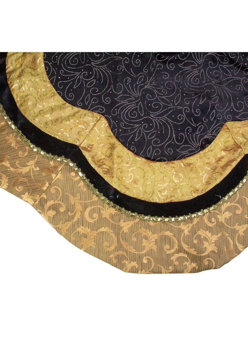 48Inch Black and Gold Velveteen Floral Scallop Christmas Tree Skirt