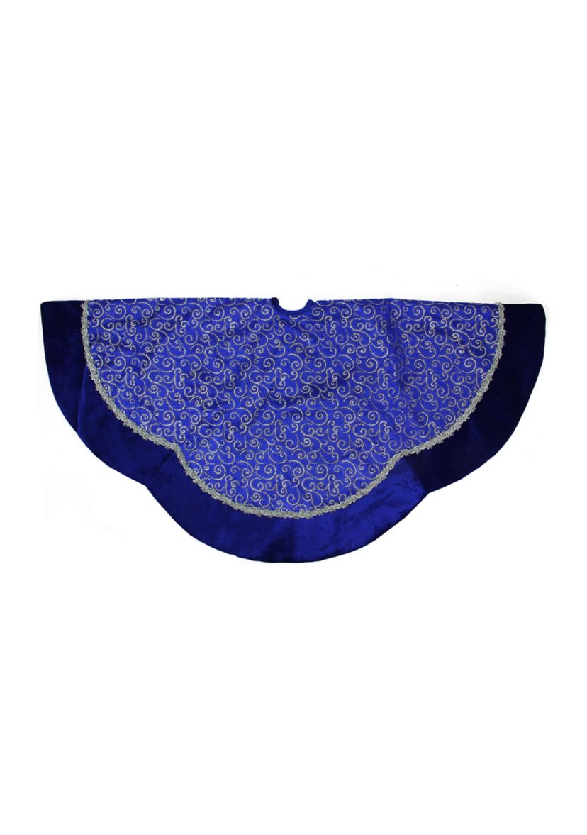48Inch Royal Blue and Silver Swirl Christmas Tree Skirt with Scalloped Trim