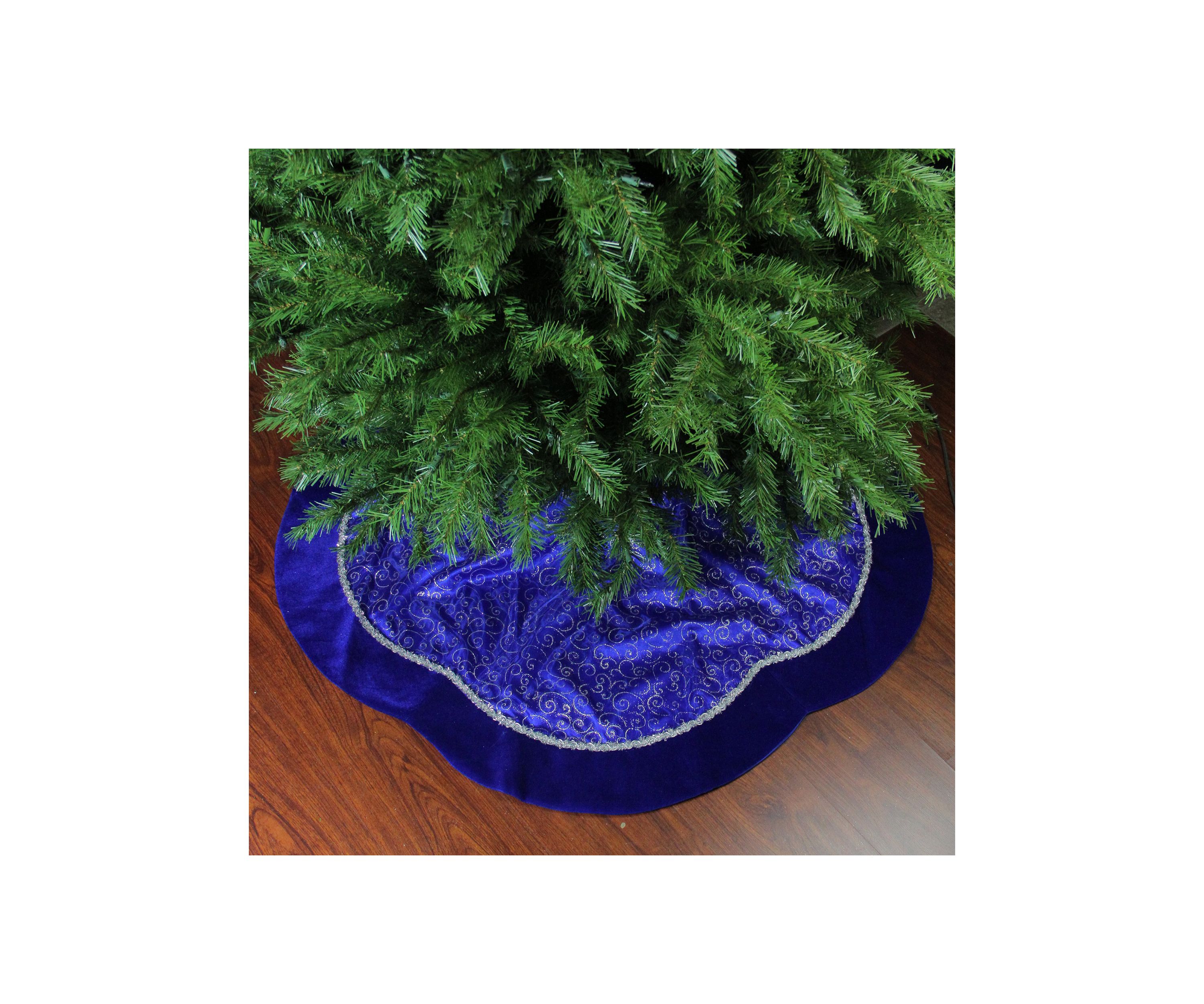 48Inch Royal Blue and Silver Swirl Christmas Tree Skirt with Scalloped Trim