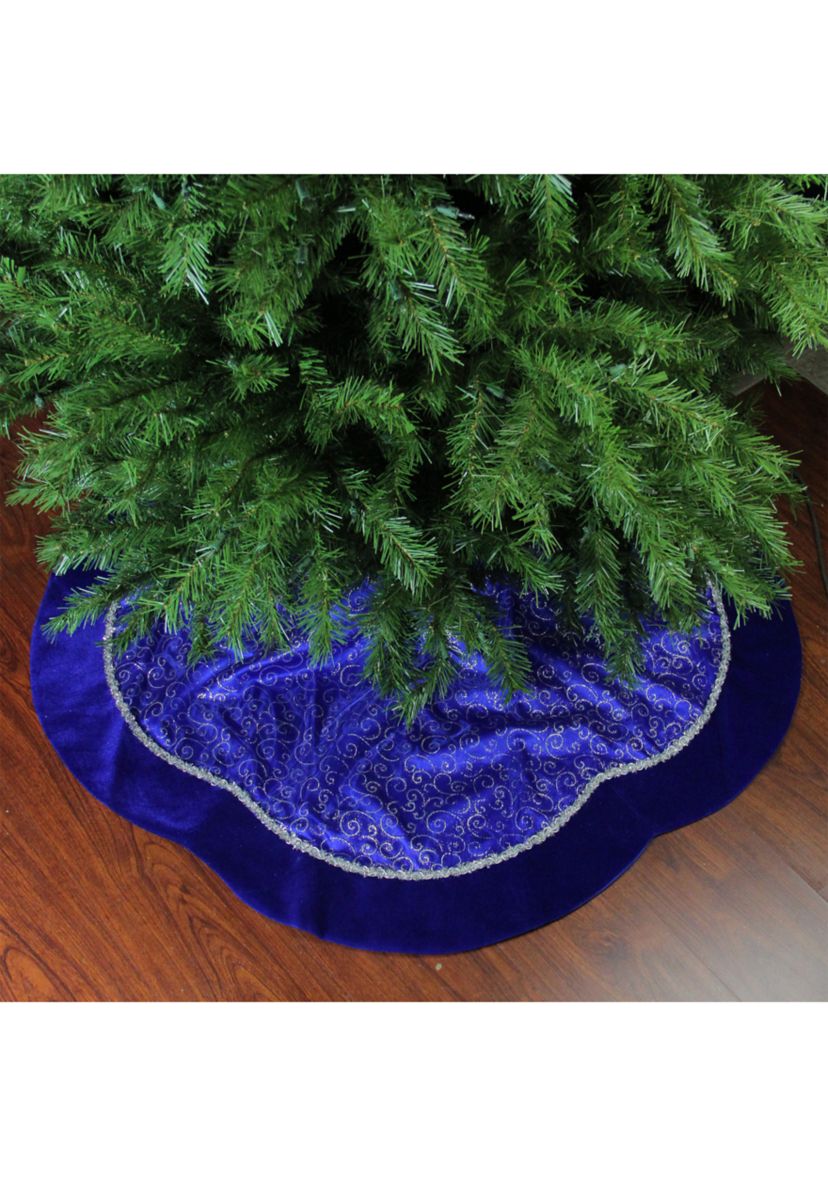 48Inch Royal Blue and Silver Swirl Christmas Tree Skirt with Scalloped Trim