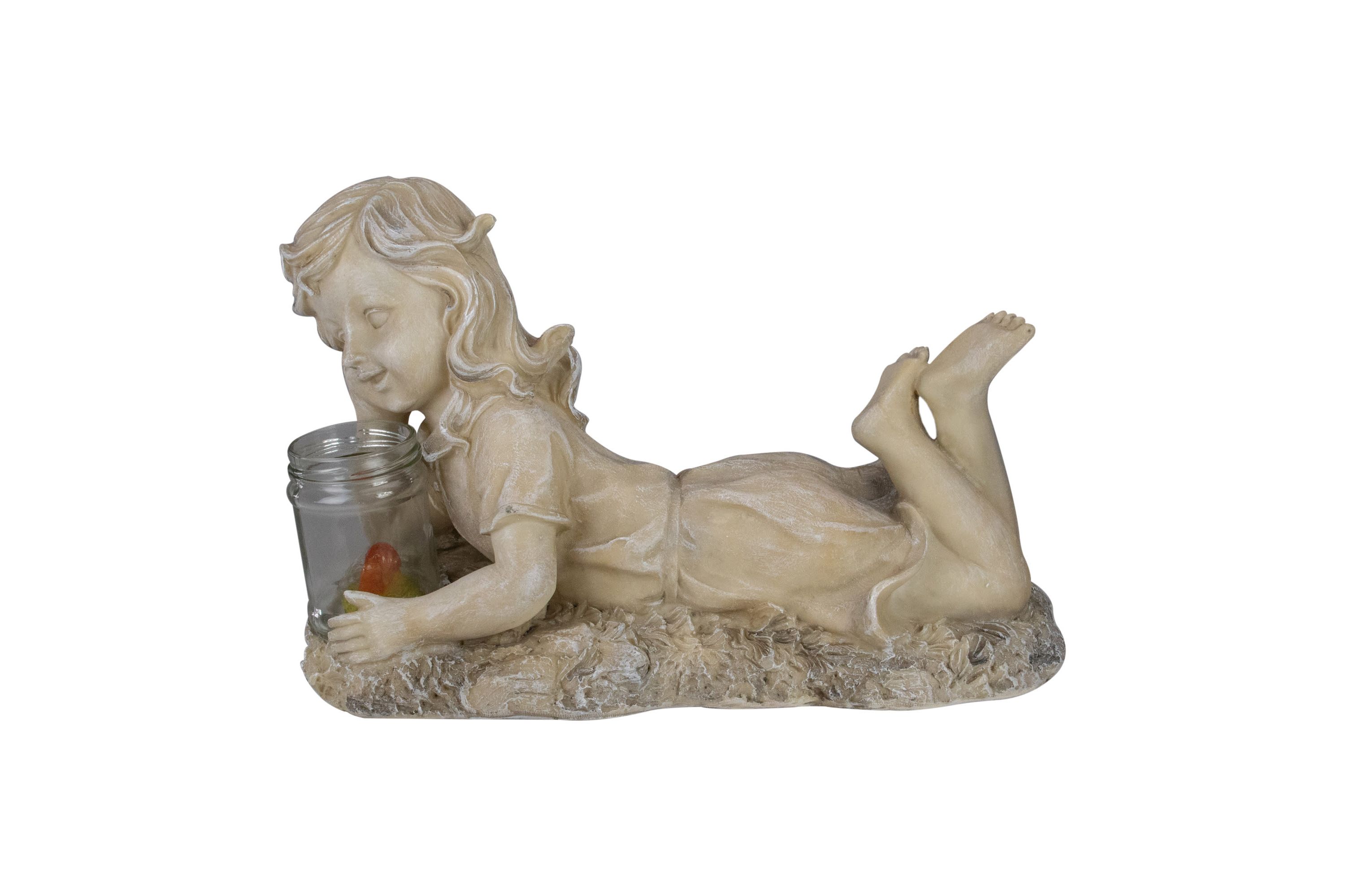 14.25" Beige and Brown LED Lighted Solar Powered Lounging Girl Outdoor Garden Statue