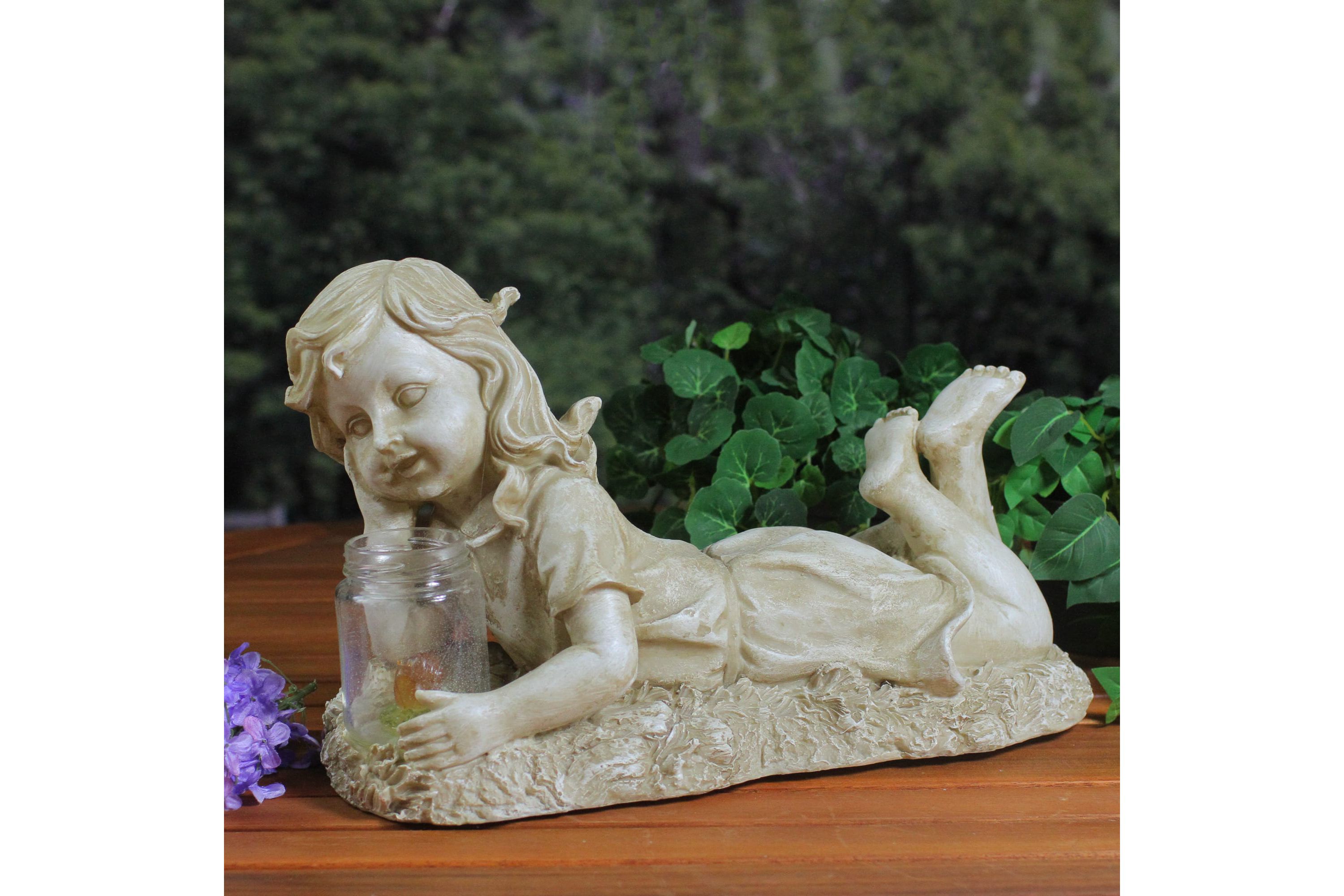 14.25" Beige and Brown LED Lighted Solar Powered Lounging Girl Outdoor Garden Statue
