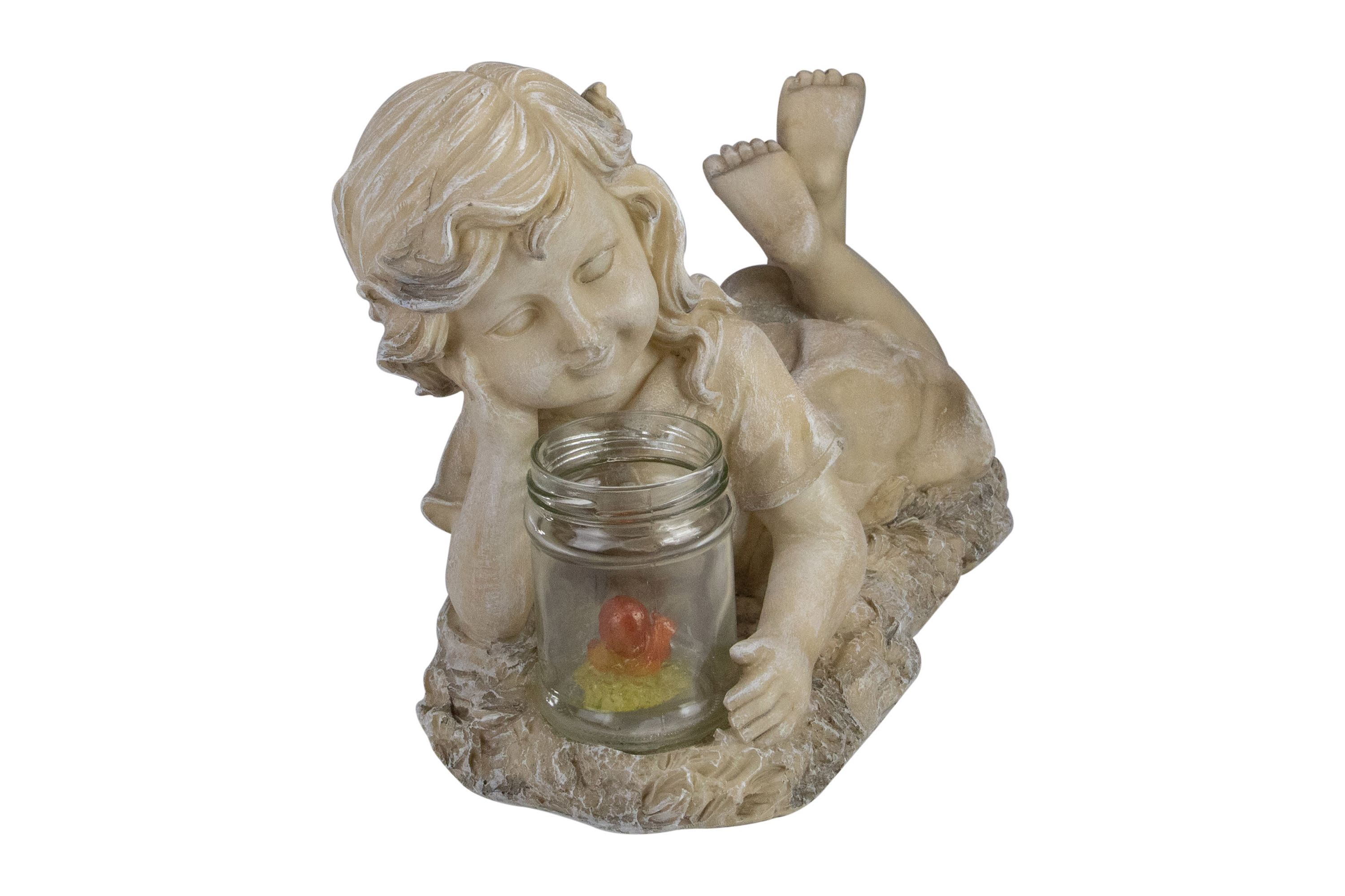14.25" Beige and Brown LED Lighted Solar Powered Lounging Girl Outdoor Garden Statue