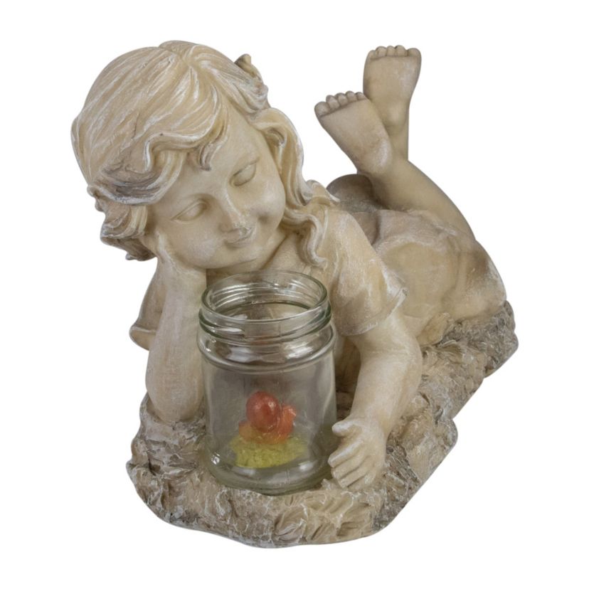 14.25" Beige and Brown LED Lighted Solar Powered Lounging Girl Outdoor Garden Statue