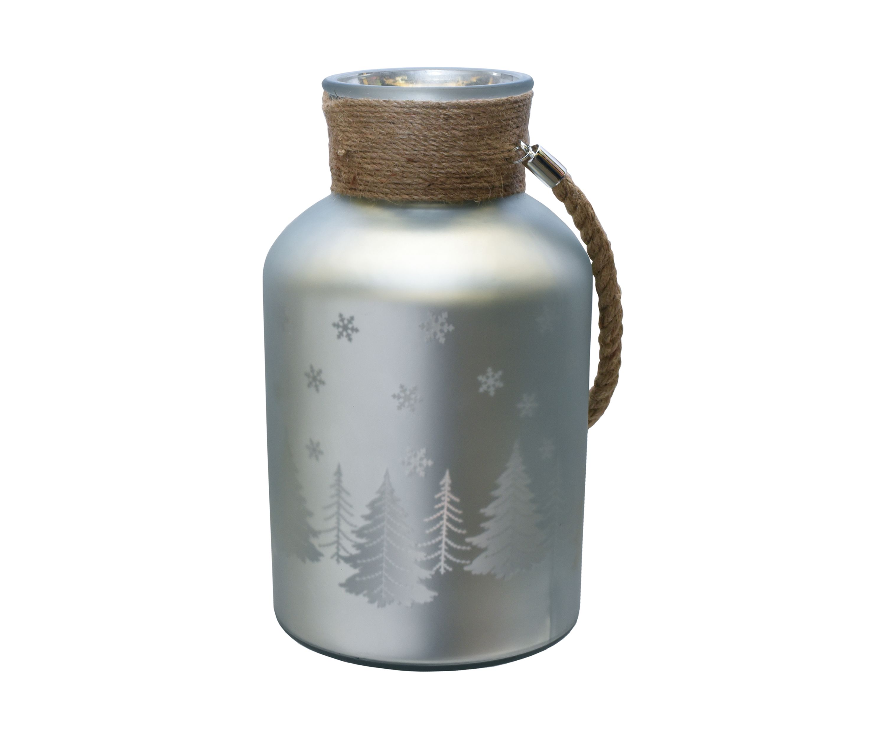 12 Inch Silver Matte Christmas Trees and Snowflakes Pillar Candle Holder with Handle