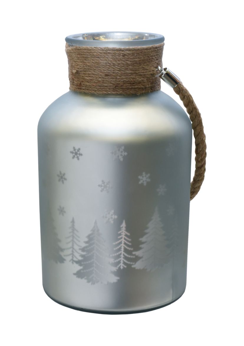 12 Inch Silver Matte Christmas Trees and Snowflakes Pillar Candle Holder with Handle