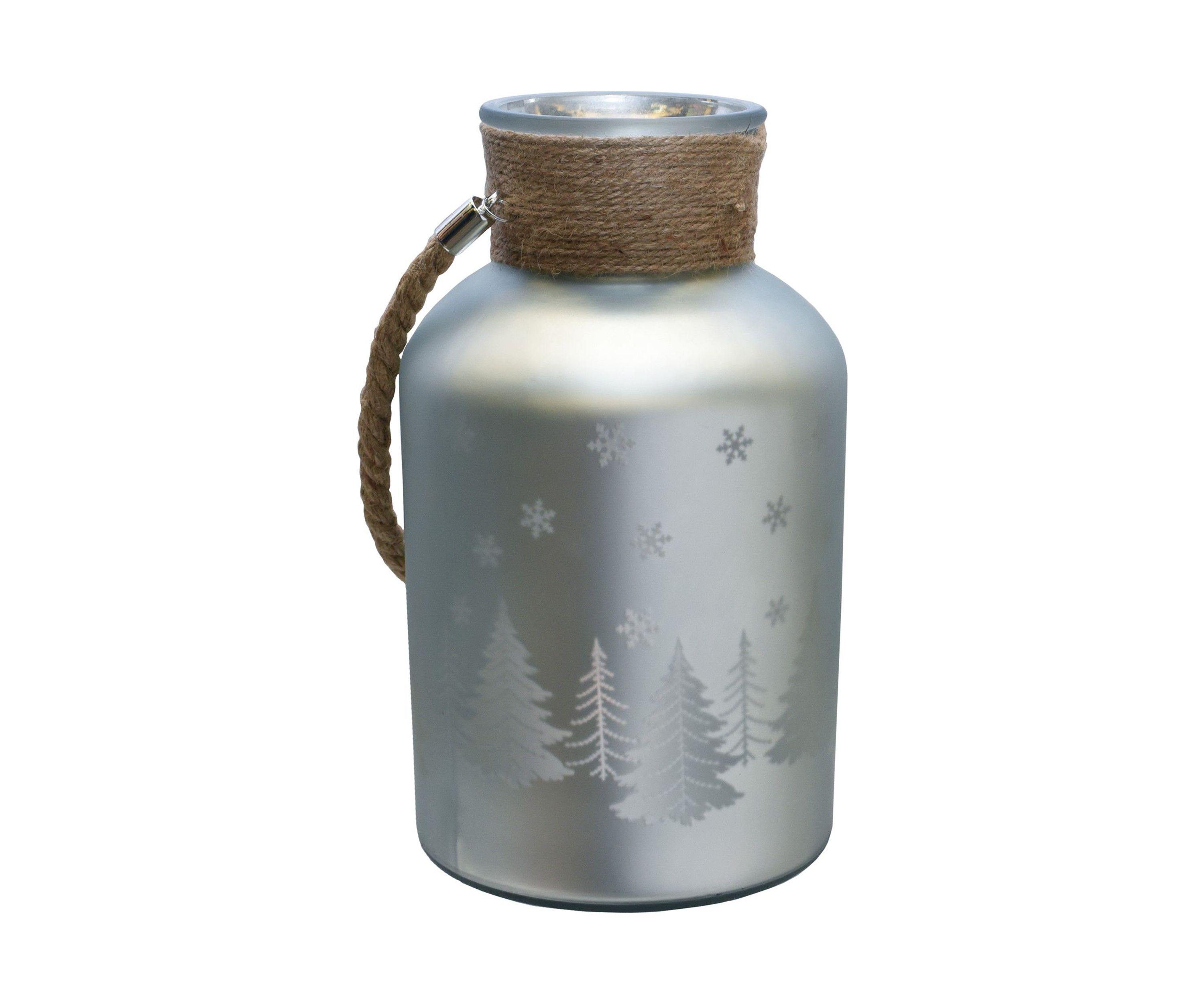 12 Inch Silver Matte Christmas Trees and Snowflakes Pillar Candle Holder with Handle