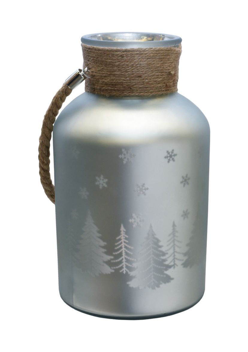 12 Inch Silver Matte Christmas Trees and Snowflakes Pillar Candle Holder with Handle