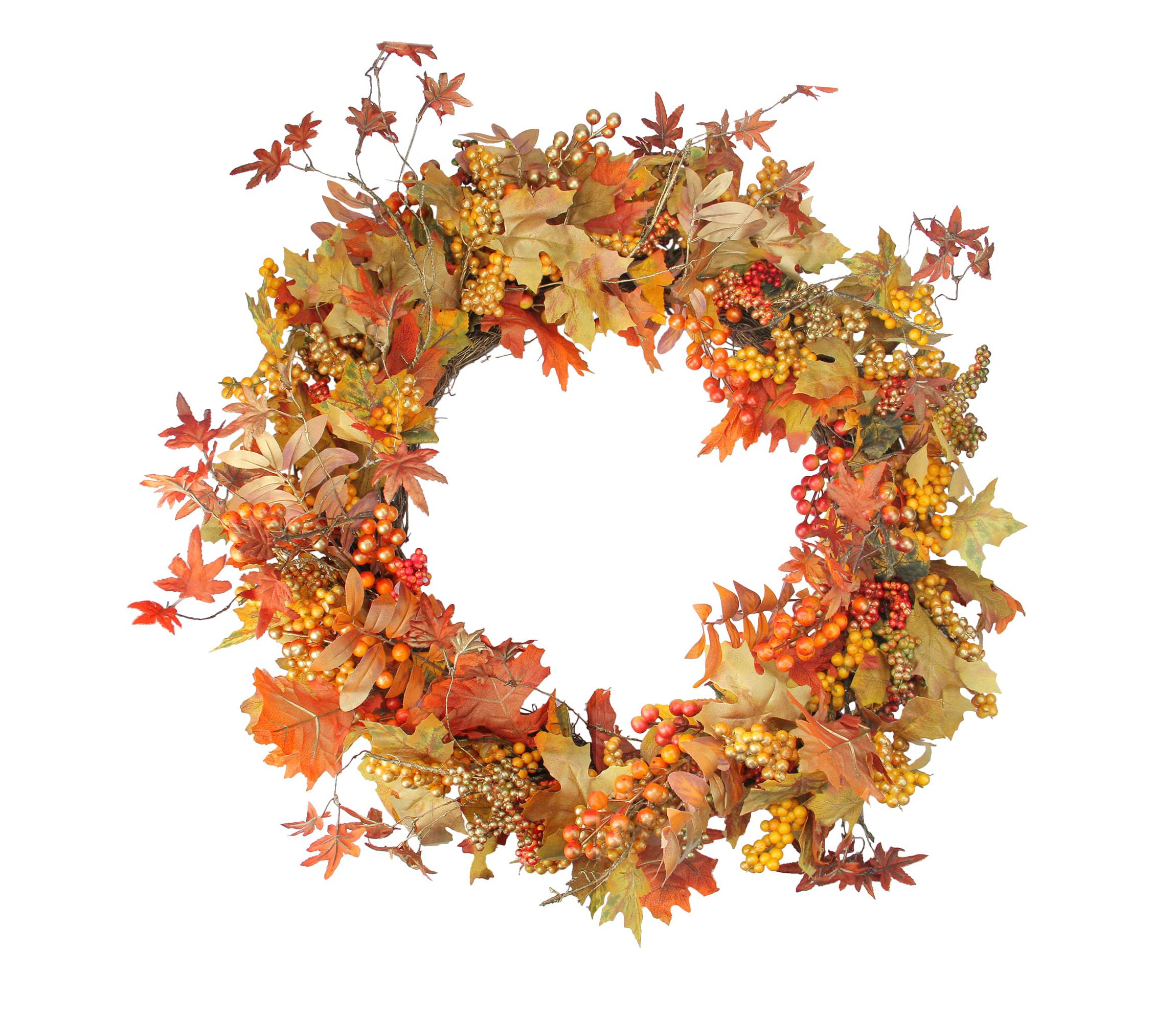 Fall Harvest Gold Berries and Autumn Leaves Artificial Twig Wreath - 22-Inch  Unlit