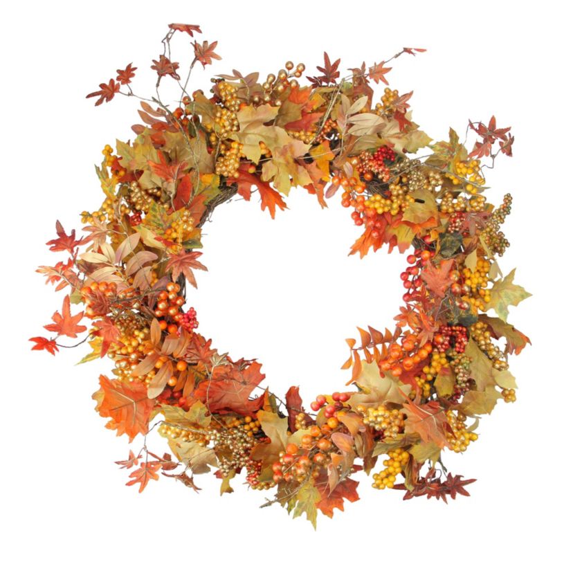 Fall Harvest Gold Berries and Autumn Leaves Artificial Twig Wreath - 22-Inch  Unlit