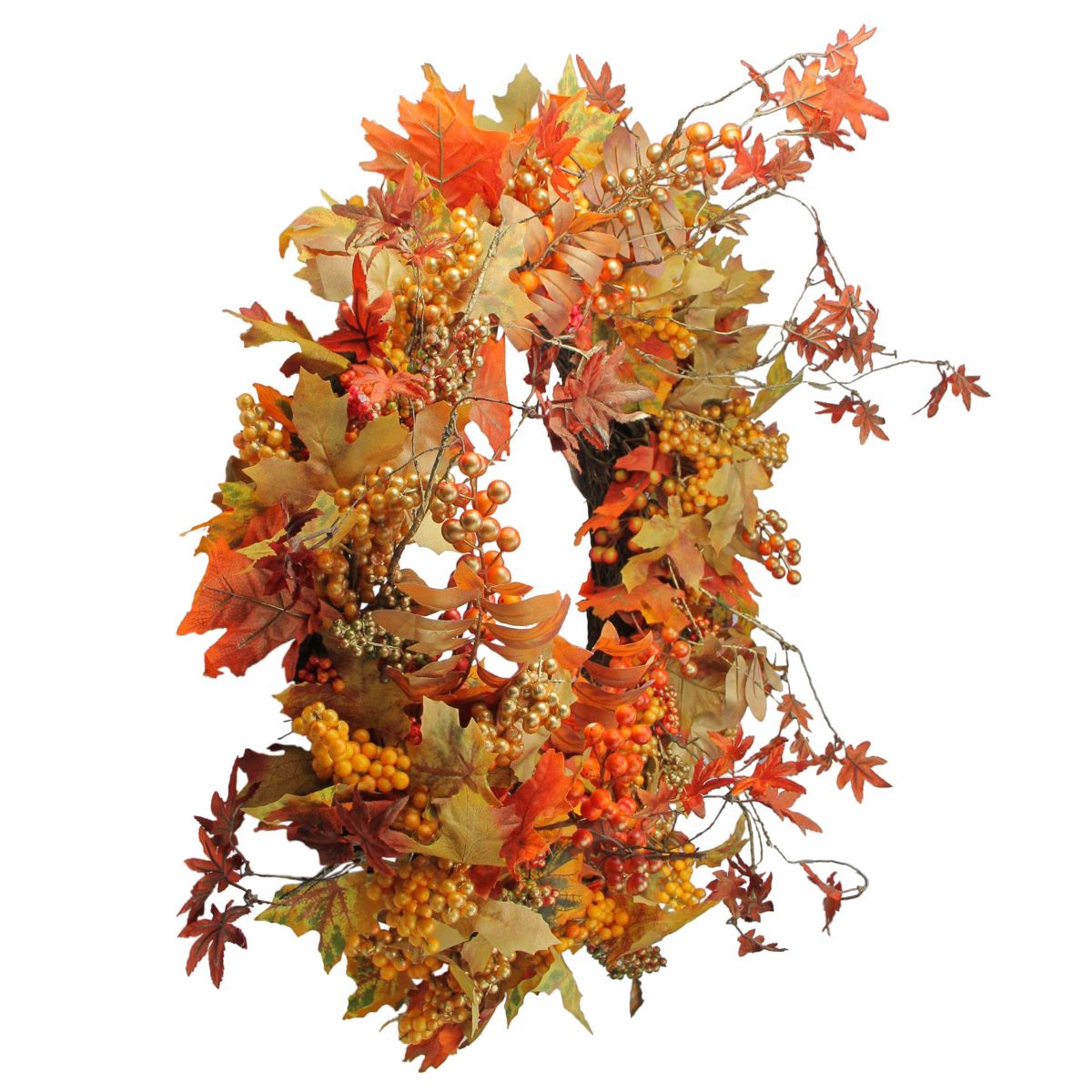 Fall Harvest Gold Berries and Autumn Leaves Artificial Twig Wreath - 22-Inch  Unlit