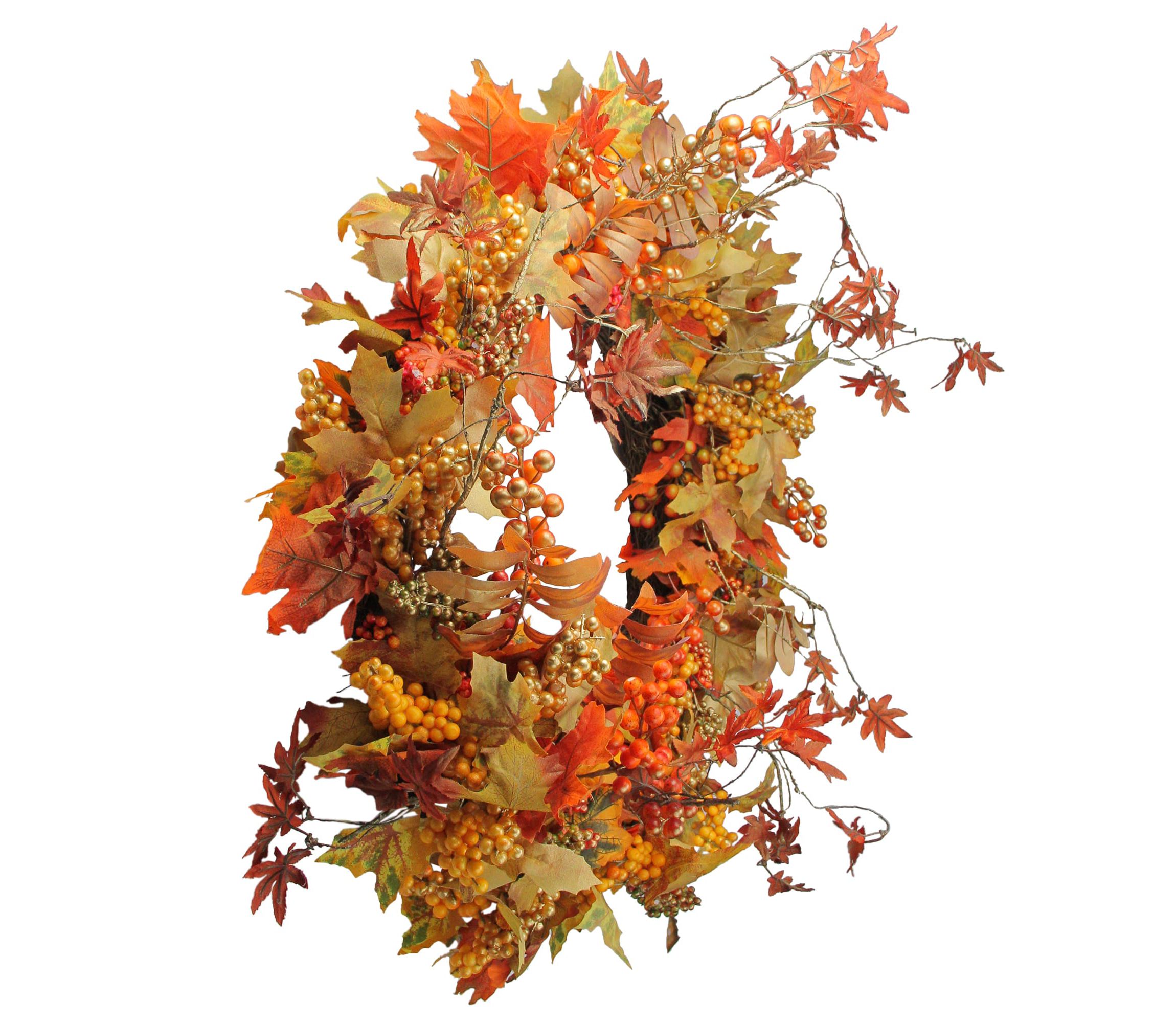 Fall Harvest Gold Berries and Autumn Leaves Artificial Twig Wreath - 22-Inch  Unlit