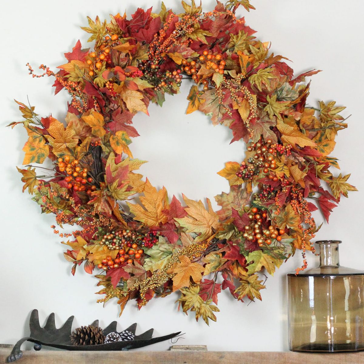 Fall Harvest Gold Berries and Autumn Leaves Artificial Twig Wreath - 22-Inch  Unlit