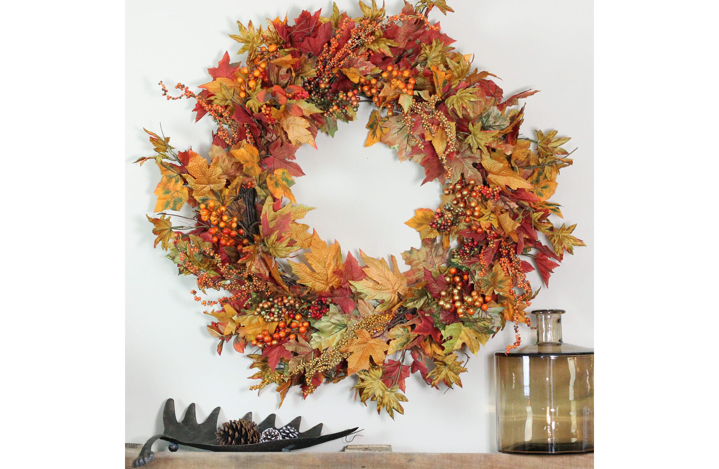 Fall Harvest Gold Berries and Autumn Leaves Artificial Twig Wreath - 22-Inch  Unlit