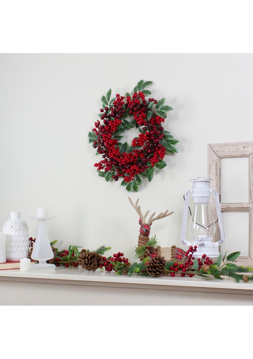 Red Berries and Two-Tone Green Leaves Artificial Christmas Wreath - 18-Inch  Unlit
