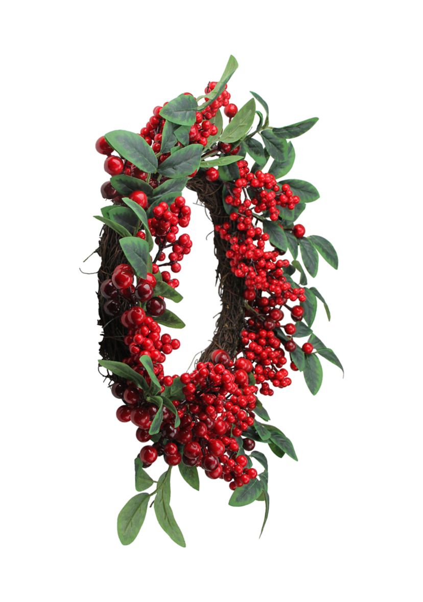 Red Berries and Two-Tone Green Leaves Artificial Christmas Wreath - 18-Inch  Unlit