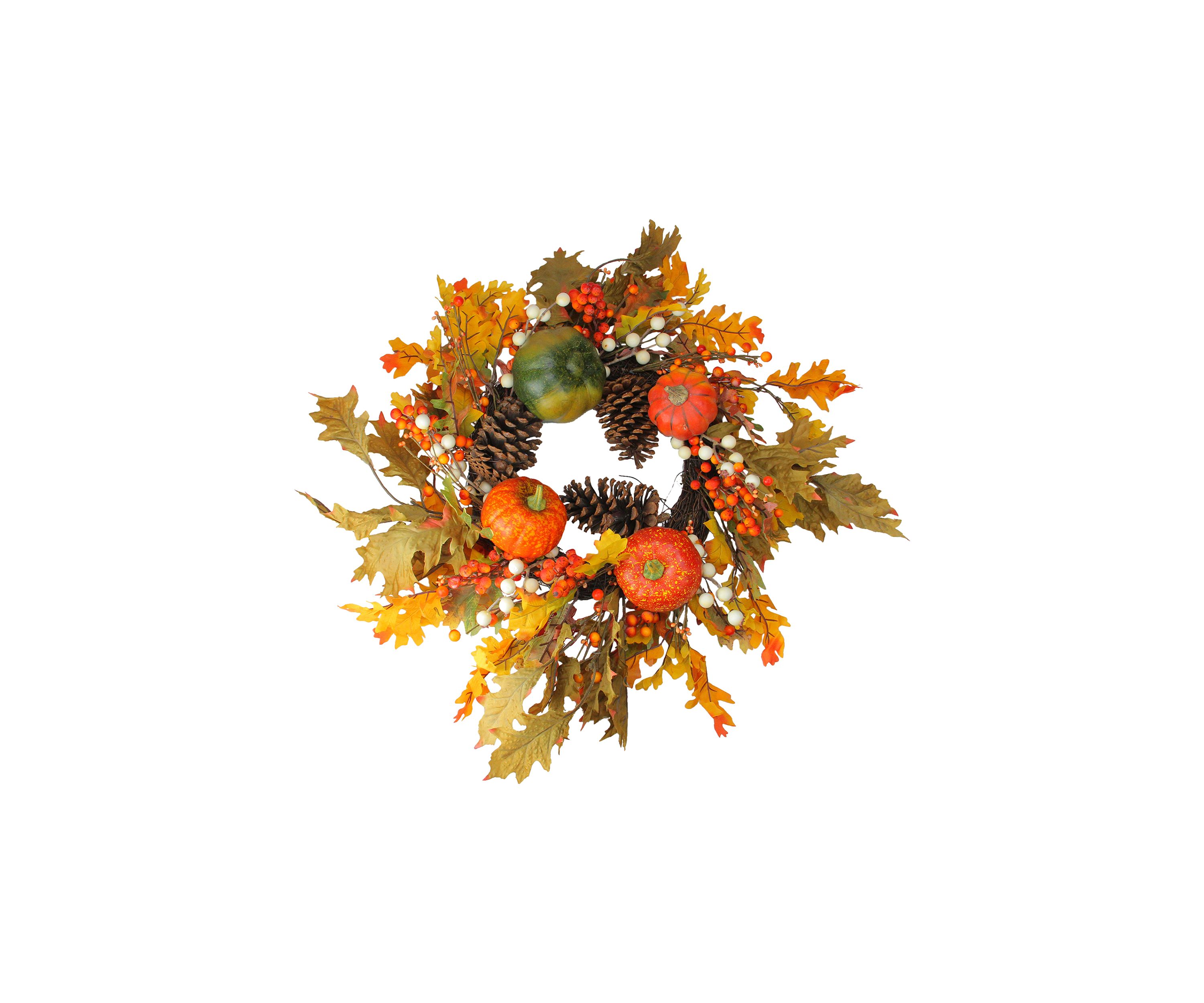 Fallen Leaves with Pine Cones and Pumpkins Artificial Thanksgiving Wreath  Orange 24- inch