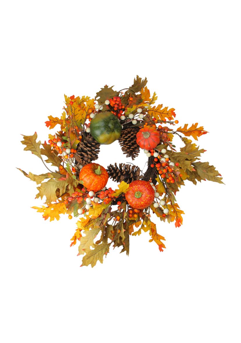 Fallen Leaves with Pine Cones and Pumpkins Artificial Thanksgiving Wreath  Orange 24- inch