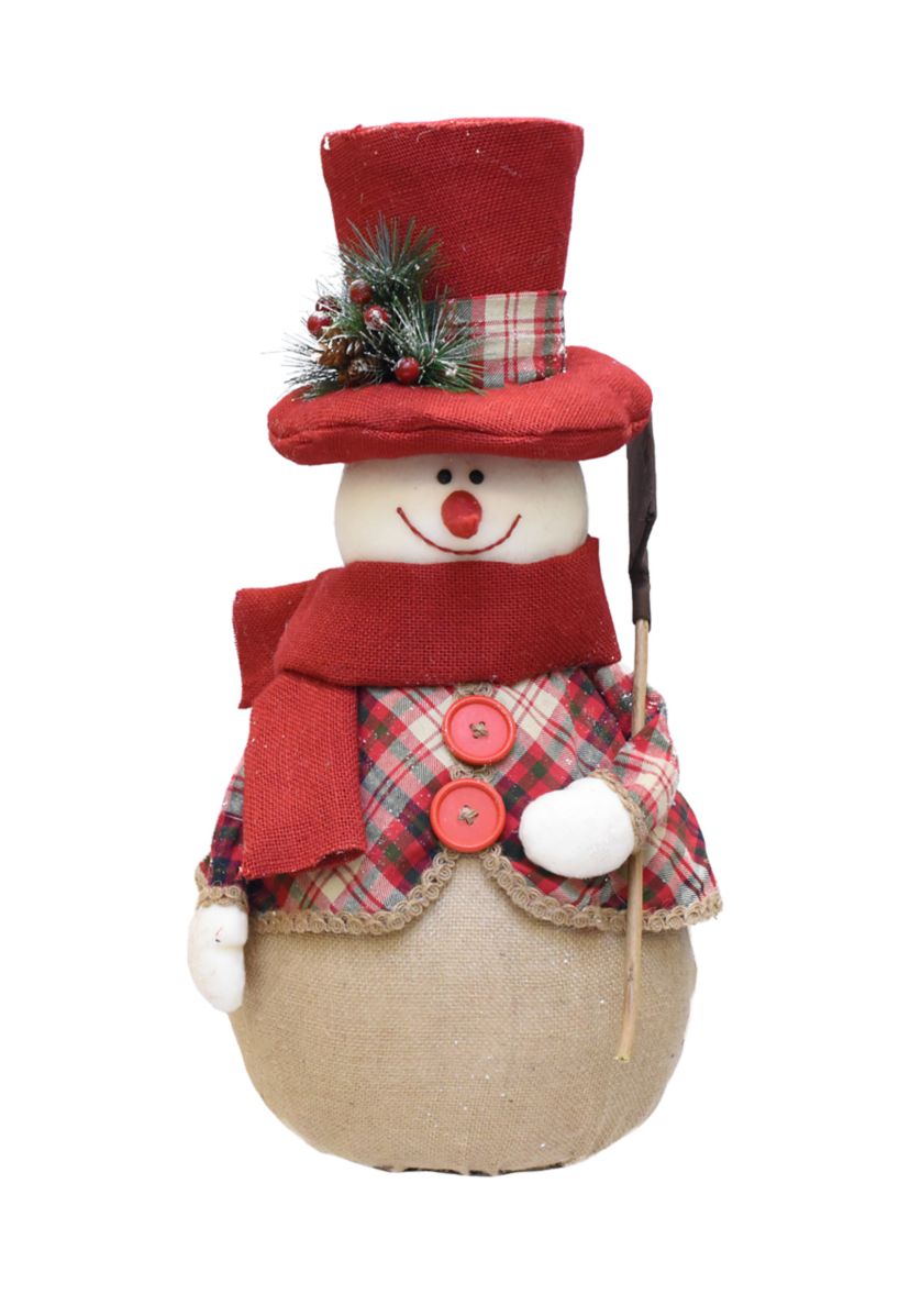 22.75Inch Red and Brown Plaid Snowman with Shovel Tabletop Christmas Figure